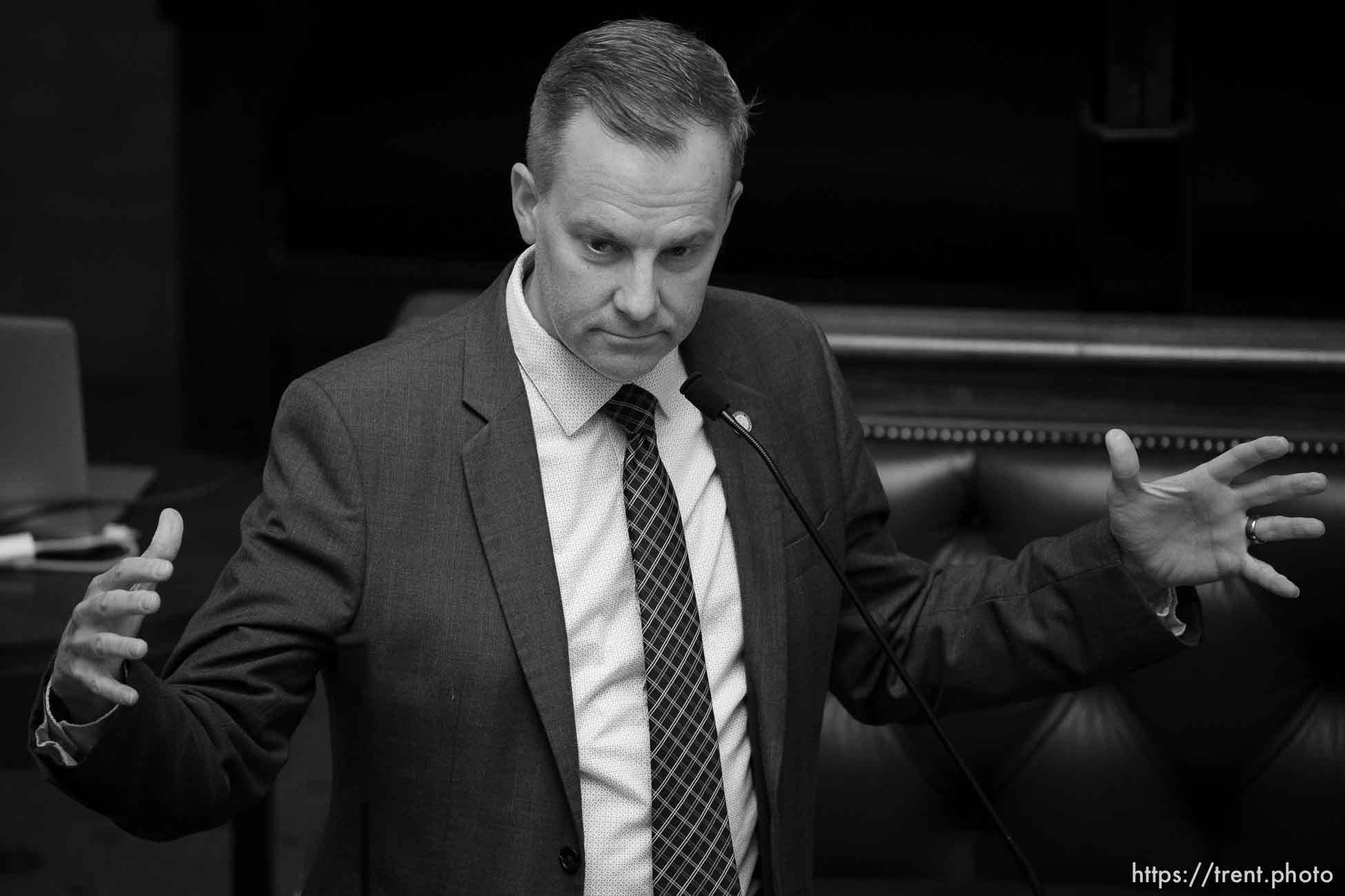 (Trent Nelson  |  The Salt Lake Tribune) Sen. Lincoln Fillmore, R-South Jordan, discusses his resolution on critical race theory during a special session at the State Capitol in Salt Lake City on Wednesday, May 19, 2021.