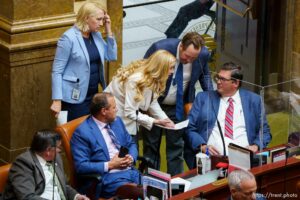 (Trent Nelson  |  The Salt Lake Tribune) House Republicans confer around House Majority Leader Francis Gibson, R-Mapleton, after Democrats walked out before a resolution on critical race theory was debated at the State Capitol in Salt Lake City on Wednesday, May 19, 2021.