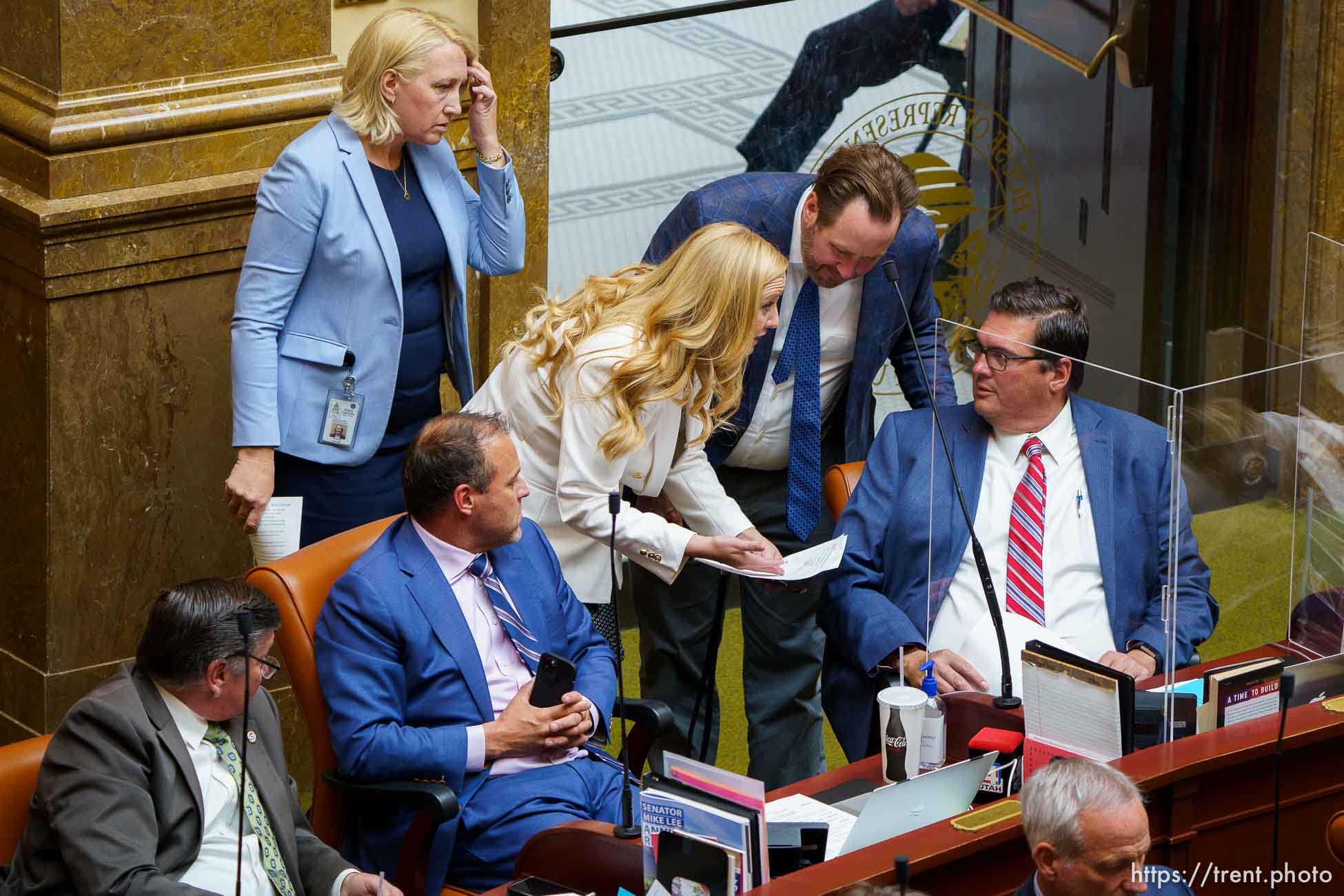 (Trent Nelson  |  The Salt Lake Tribune) House Republicans confer around House Majority Leader Francis Gibson, R-Mapleton, after Democrats walked out before a resolution on critical race theory was debated at the State Capitol in Salt Lake City on Wednesday, May 19, 2021.