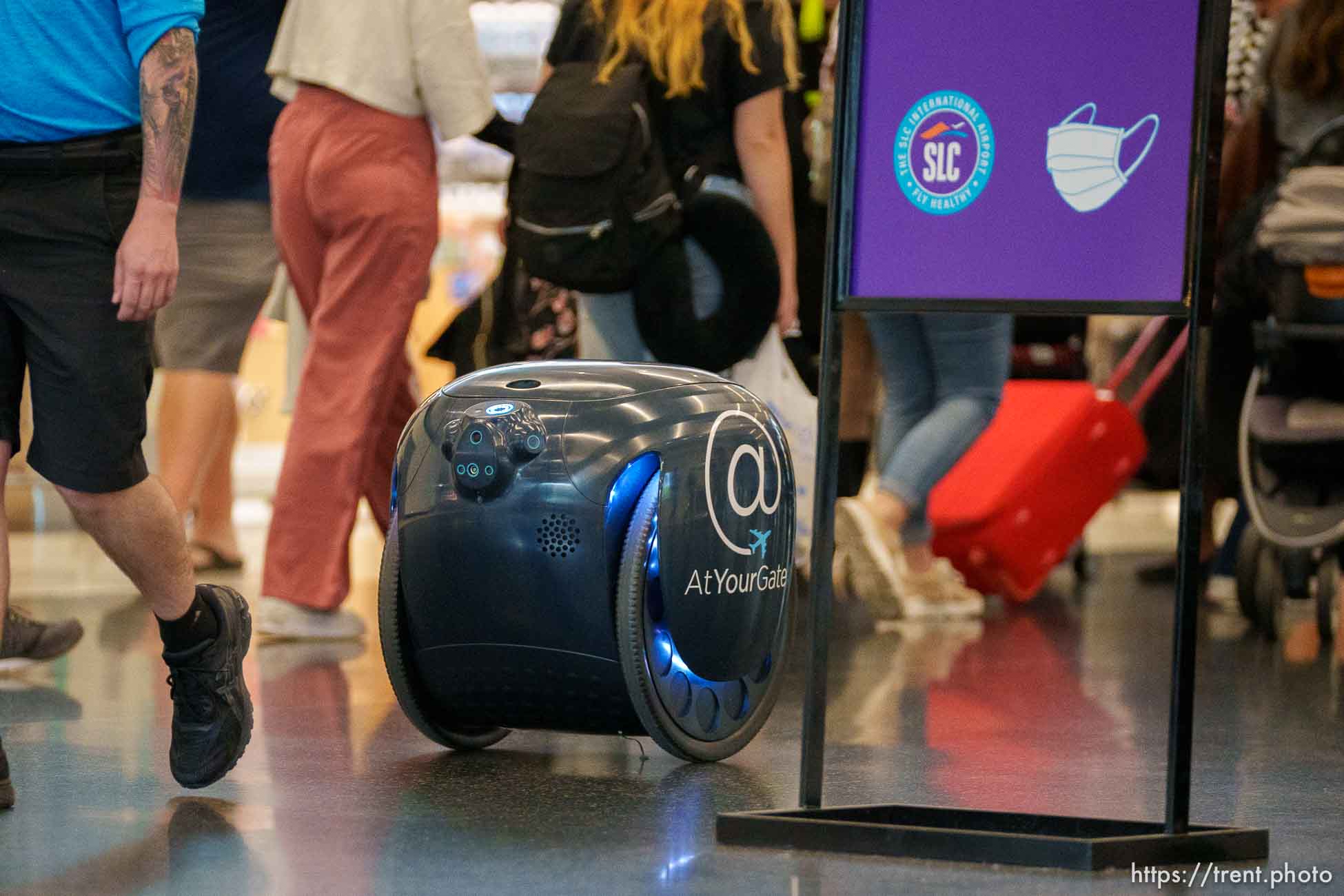 (Trent Nelson  |  The Salt Lake Tribune) A mobile food delivery robot rolls through the terminal at Salt Lake City International Airport on Monday, May 24, 2021. Servy is launching SLCtoGo, a contactless food ordering, pay, and delivery service at the airport.