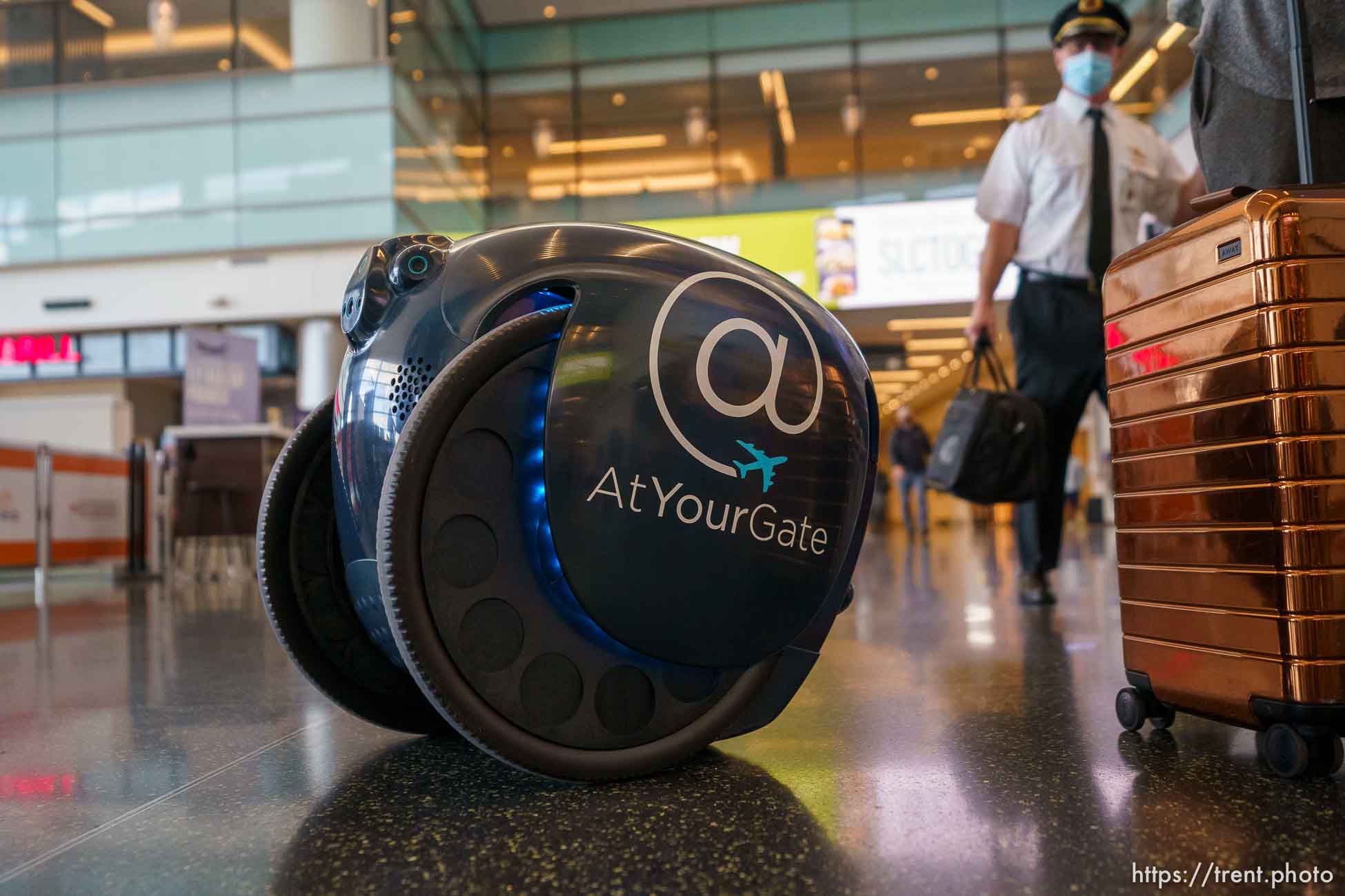 (Trent Nelson  |  The Salt Lake Tribune) A mobile food delivery robot rolls through the terminal at Salt Lake City International Airport on Monday, May 24, 2021. Servy is launching SLCtoGo, a contactless food ordering, pay, and delivery service at the airport.