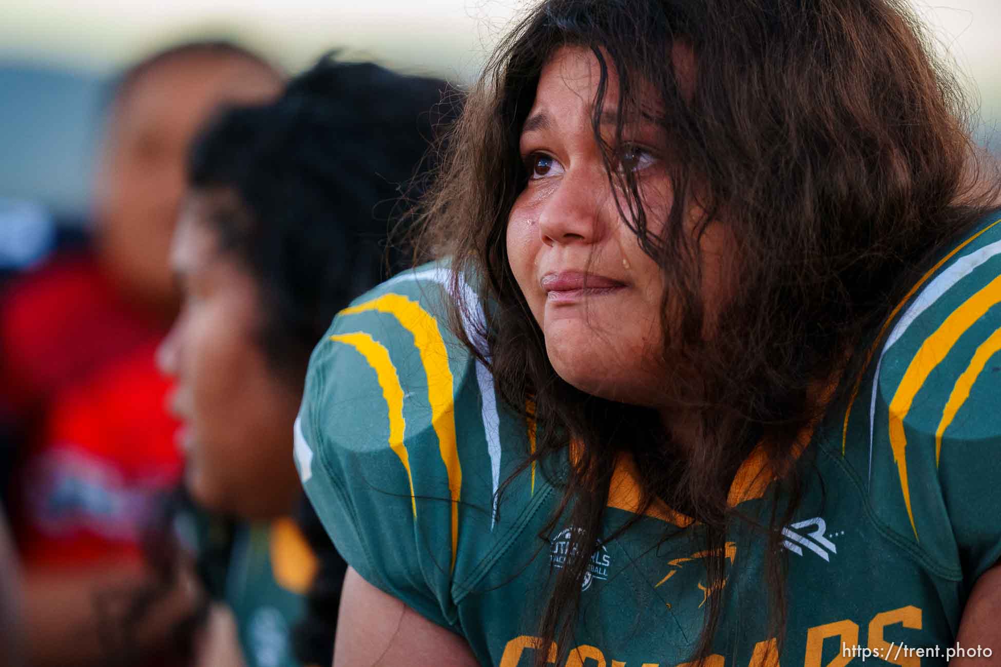 (Trent Nelson  |  The Salt Lake Tribune) Kearns' Naliyah Rueckert is emotional after defeating the Herriman Sting in the Utah Girls Tackle Football League Division 2 championship game at Herriman High School on Thursday, May 27, 2021.