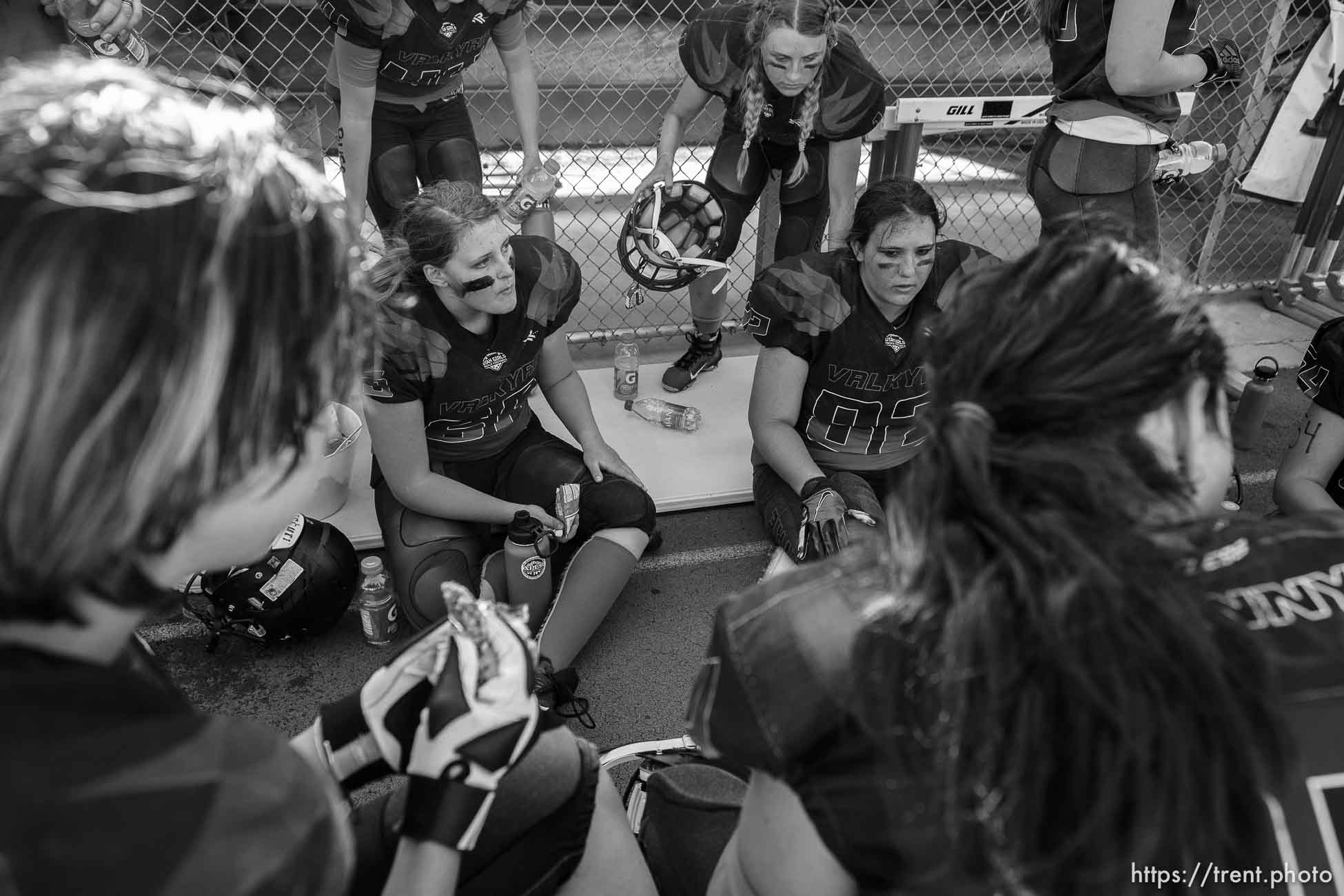 (Trent Nelson  |  The Salt Lake Tribune) The Utah Valley Valkyrie sit in the shade during halftime while facing the West Jordan Lightning in the Utah Girls Tackle Football League Division 3 championship game at Herriman High School on Thursday, May 27, 2021.