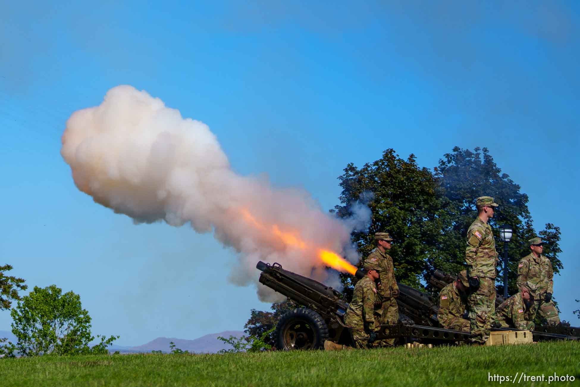 (Trent Nelson  |  The Salt Lake Tribune) A ceremonial cannon firing honors who died in service as well as Utah veterans who passed away during the COVID-19 pandemic during a service at the State Capitol in Salt Lake City on Monday, May 31, 2021.