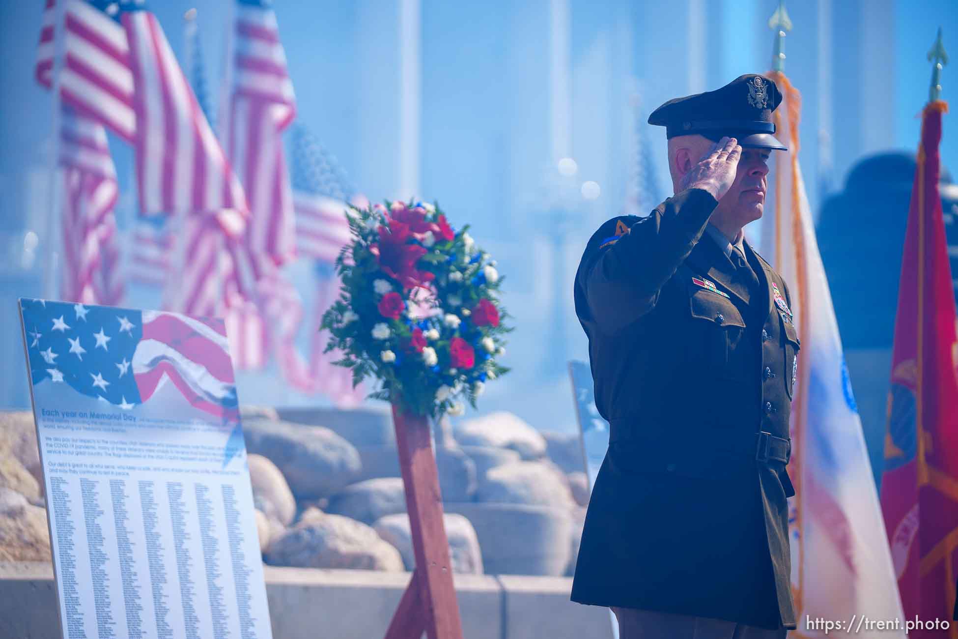 (Trent Nelson  |  The Salt Lake Tribune) Utah National Guard, Adjutant General, Major General Michael J. Turley salutes as veterans are honored during a service at the State Capitol in Salt Lake City on Monday, May 31, 2021.