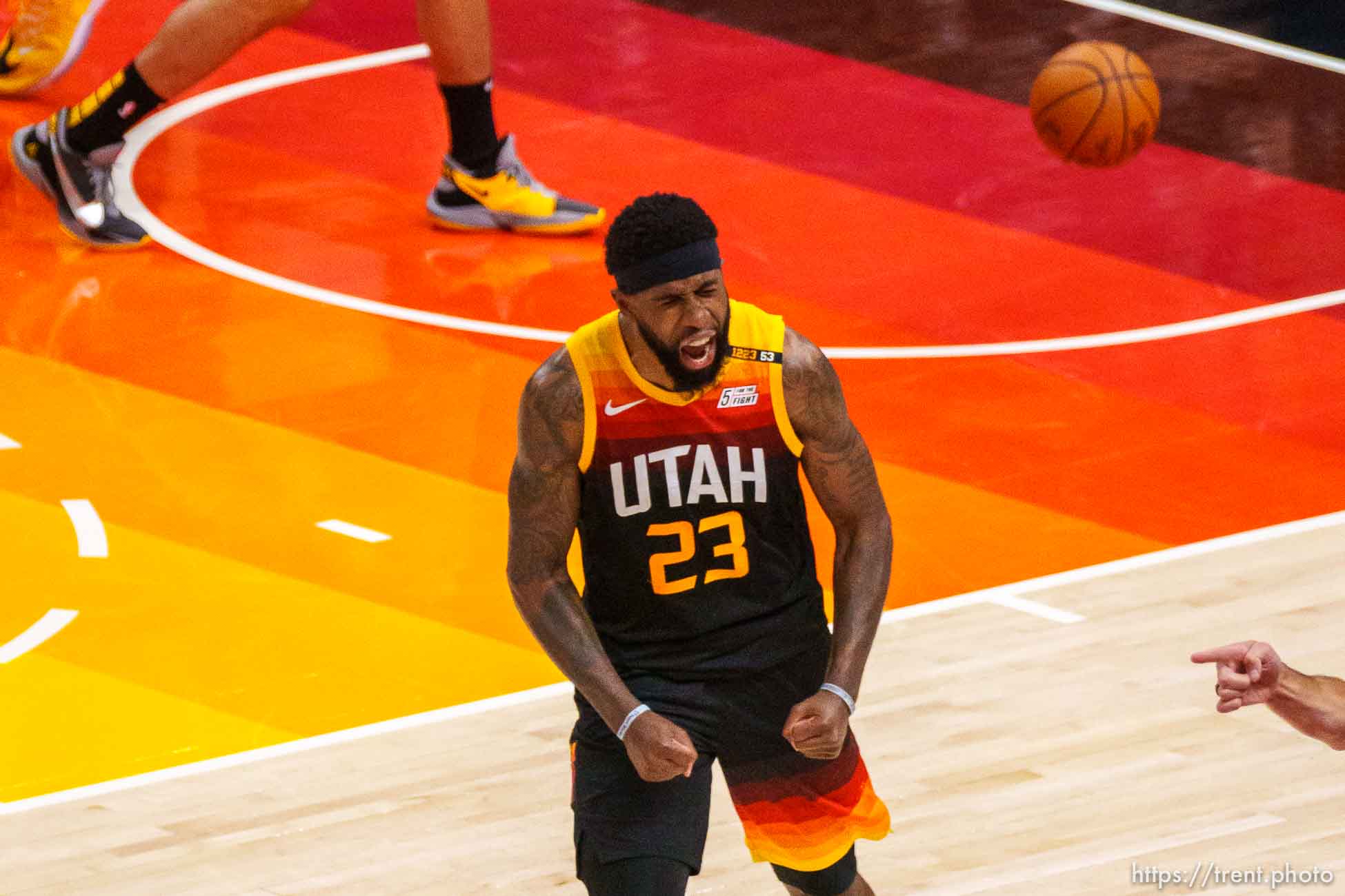 (Trent Nelson  |  The Salt Lake Tribune) Utah Jazz forward Royce O'Neale (23) yells after an offensive foul was called on the Clippers, as the Utah Jazz host the Los Angeles Clippers in a Game 5 matchup, NBA basketball in Salt Lake City on Wednesday, June 16, 2021.