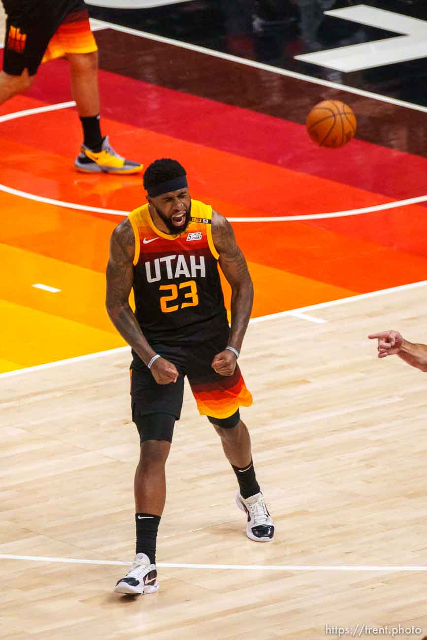 (Trent Nelson  |  The Salt Lake Tribune) Utah Jazz forward Royce O'Neale (23) yells after an offensive foul was called on the Clippers, as the Utah Jazz host the Los Angeles Clippers in a Game 5 matchup, NBA basketball in Salt Lake City on Wednesday, June 16, 2021.