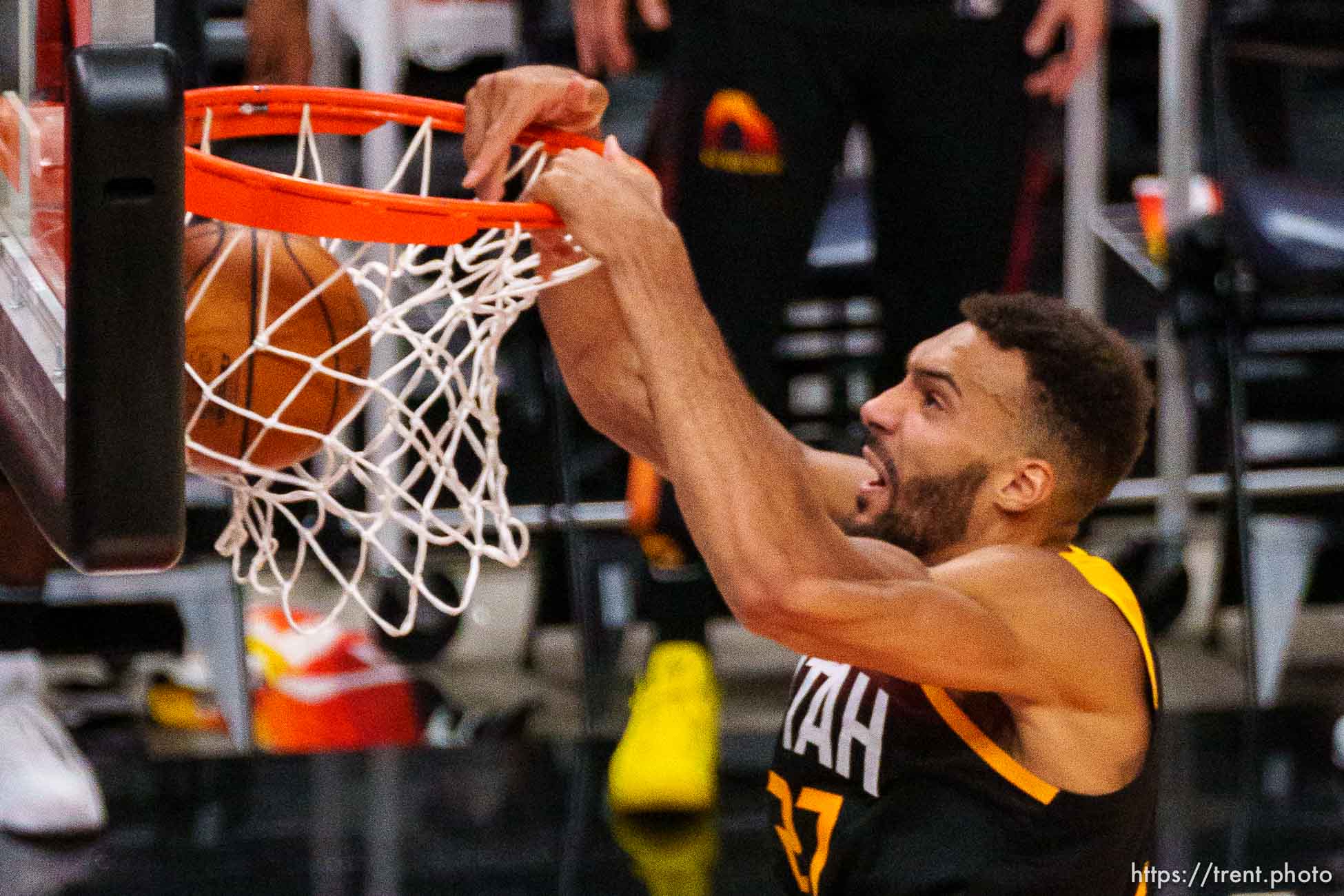 (Trent Nelson  |  The Salt Lake Tribune) Utah Jazz center Rudy Gobert (27) dunks the ball as the Utah Jazz host the Los Angeles Clippers in a Game 5 matchup, NBA basketball in Salt Lake City on Wednesday, June 16, 2021.