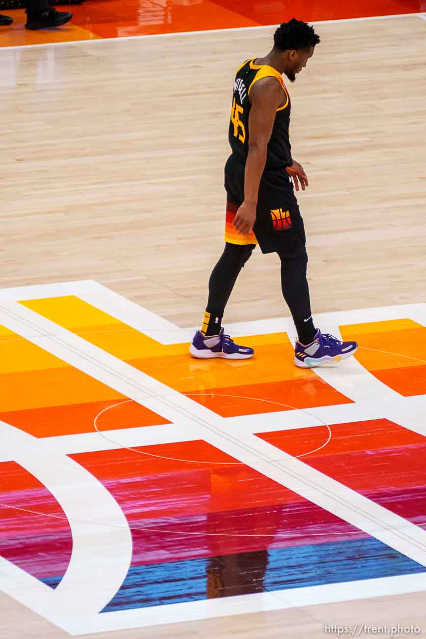 (Trent Nelson  |  The Salt Lake Tribune) Utah Jazz guard Donovan Mitchell (45) as the Utah Jazz host the Los Angeles Clippers in a Game 5 matchup, NBA basketball in Salt Lake City on Wednesday, June 16, 2021.