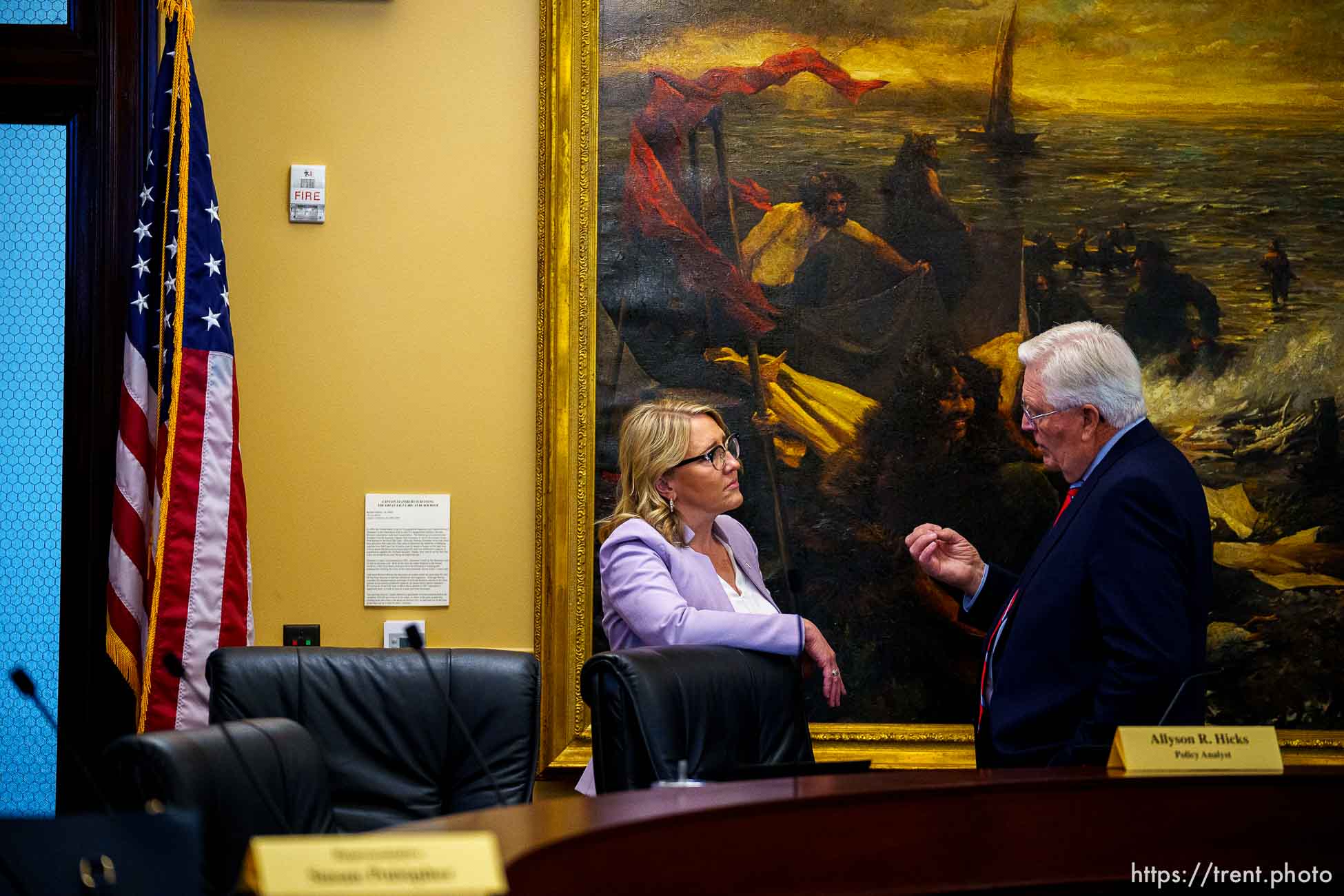 (Trent Nelson  |  The Salt Lake Tribune) Rep. Melissa Garff Ballard, R-North Salt Lake, and Rep. Lowry Snow, R-Santa Clara, speak before a meeting of the Education Interim Committee at the State Capitol in Salt Lake City on Wednesday, June 16, 2021. Critical race theory in public education was on the agenda.