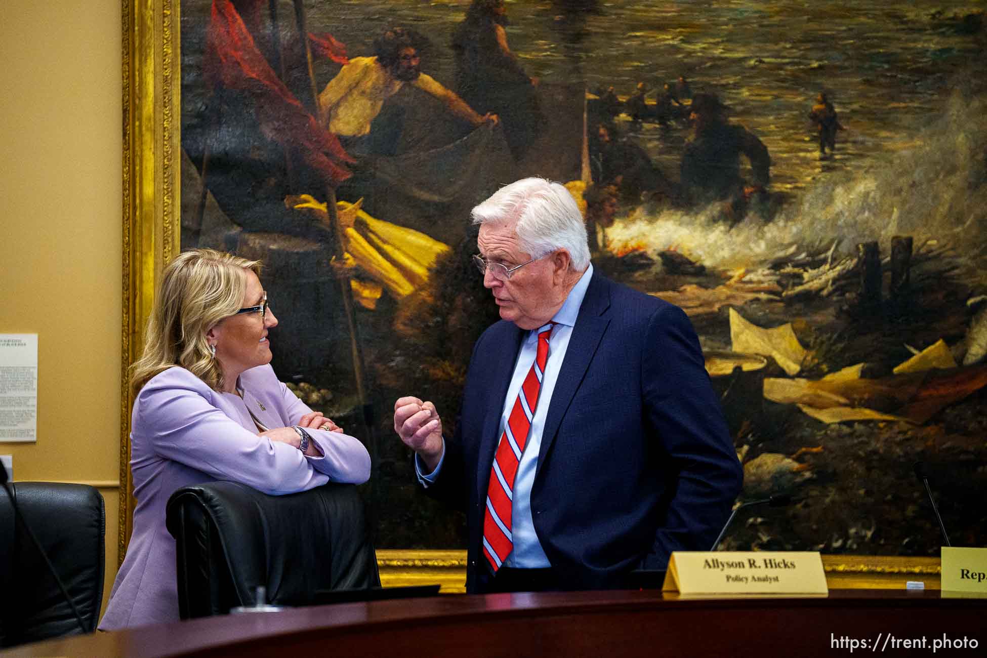 (Trent Nelson  |  The Salt Lake Tribune) Rep. Melissa Garff Ballard, R-North Salt Lake, and Rep. Lowry Snow, R-Santa Clara, speak before a meeting of the Education Interim Committee at the State Capitol in Salt Lake City on Wednesday, June 16, 2021. Critical race theory in public education was on the agenda.