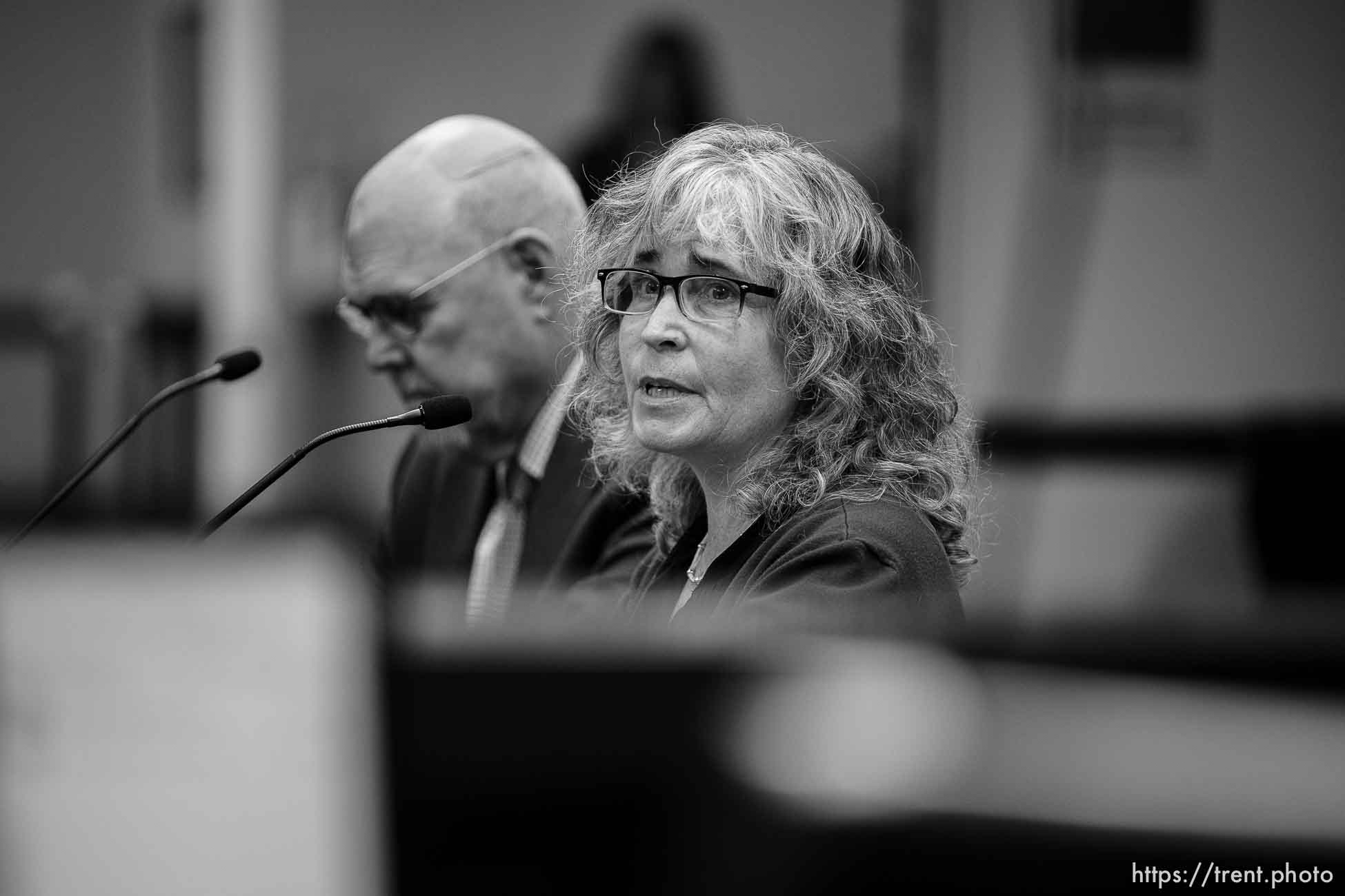 (Trent Nelson  |  The Salt Lake Tribune) Erin Brewer speaks at a meeting of the Health and Human Services Interim Committee at the State Capitol in Salt Lake City on Wednesday, June 16, 2021. Transgender treatment for minors and participation by transgender youth in school sports were the topics of discussion. At left is David Pruden.