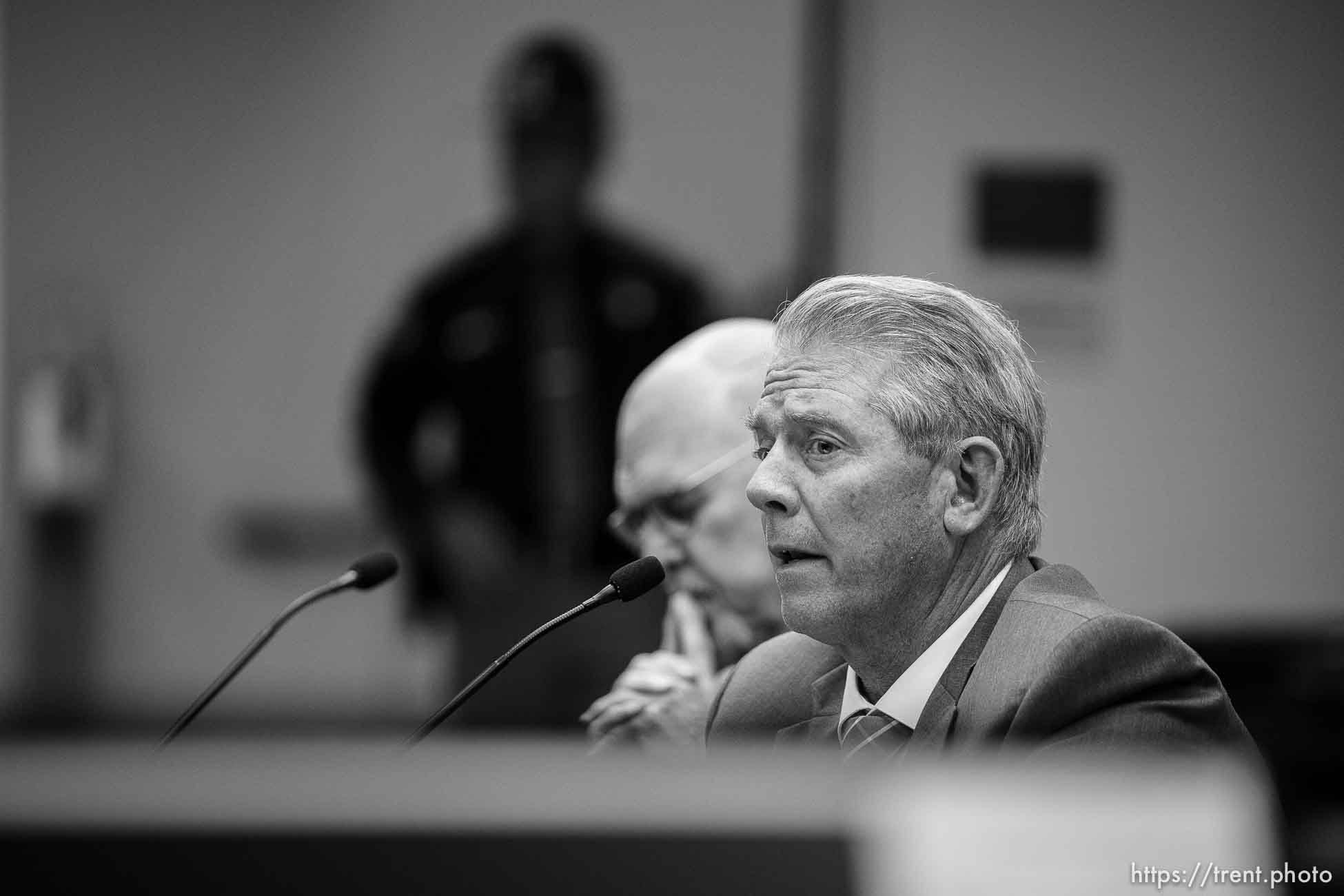 (Trent Nelson  |  The Salt Lake Tribune) Rep. Rex Shipp, R-Cedar City, speaks at a meeting of the Health and Human Services Interim Committee at the State Capitol in Salt Lake City on Wednesday, June 16, 2021. Transgender treatment for minors and participation by transgender youth in school sports were the topics of discussion. At left is David Pruden.