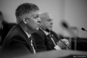 (Trent Nelson  |  The Salt Lake Tribune) Scott Hansen and Mark Huntsman of the Utah State Board of Education speak at a meeting of the Education Interim Committee at the State Capitol in Salt Lake City on Wednesday, June 16, 2021. Critical race theory in public education was on the agenda.