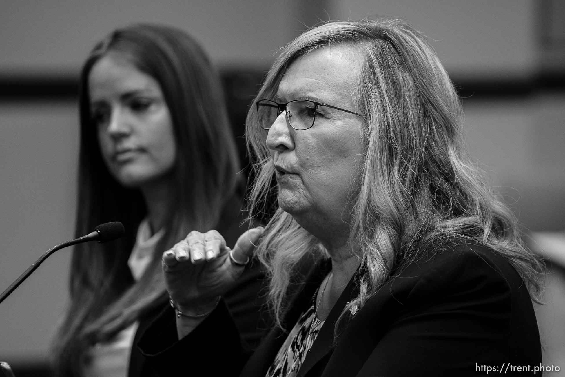 (Trent Nelson  |  The Salt Lake Tribune) Rep. Kera Birkeland, R-Morgan, and Sue Robbins, Equality Utah, at a meeting of the Health and Human Services Interim Committee at the State Capitol in Salt Lake City on Wednesday, June 16, 2021. Transgender treatment for minors and participation by transgender youth in school sports were the topics of discussion.