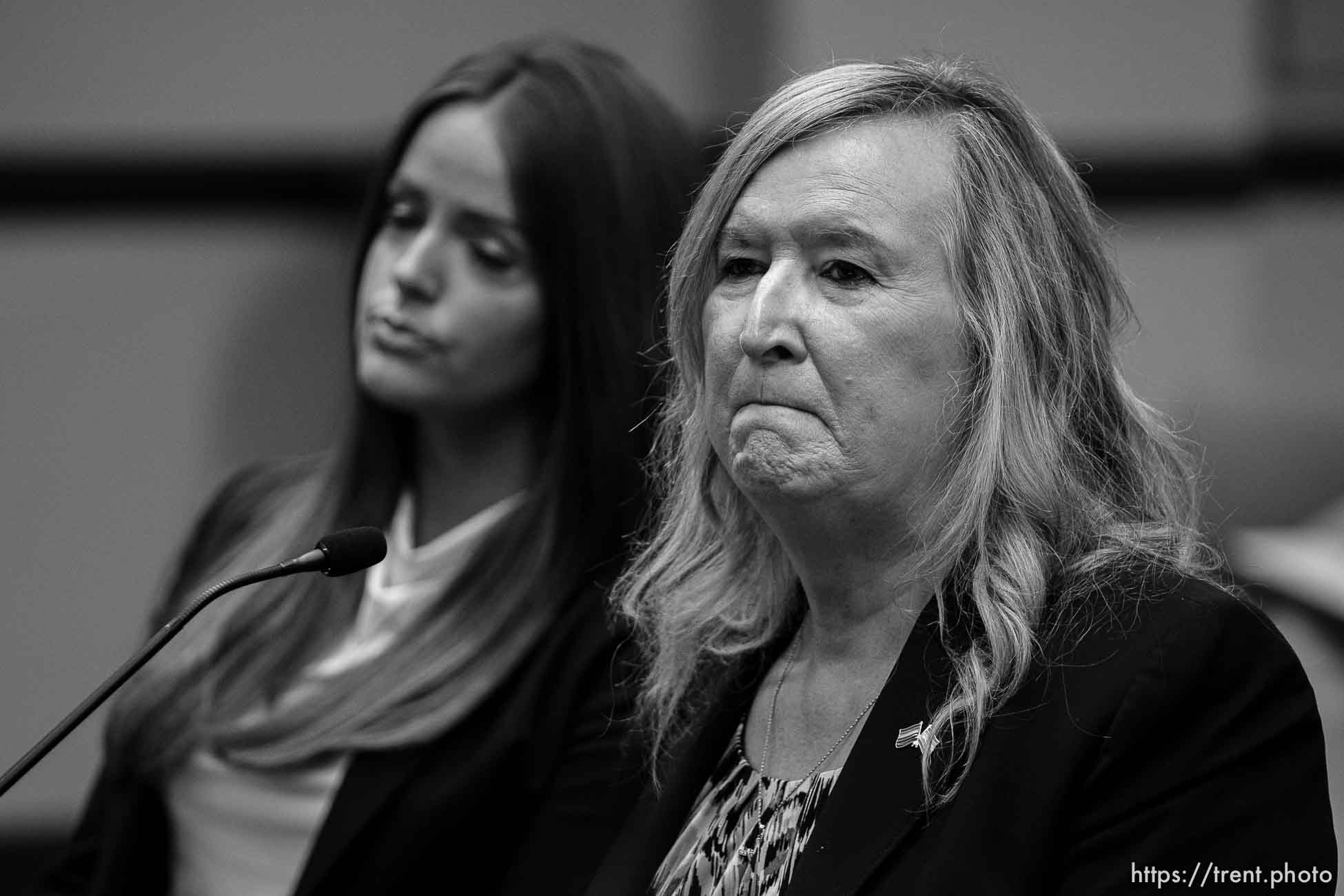 (Trent Nelson  |  The Salt Lake Tribune) Rep. Kera Birkeland, R-Morgan, and Sue Robbins, Equality Utah, at a meeting of the Health and Human Services Interim Committee at the State Capitol in Salt Lake City on Wednesday, June 16, 2021. At this moment, Robbins was talking about suicide rates among transgender youth. Transgender treatment for minors and participation by transgender youth in school sports were the topics of discussion.