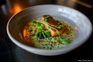 (Trent Nelson  |  The Salt Lake Tribune) Colombia River Steelhead Trout  at Table X in Salt Lake City on Wednesday, June 23, 2021.