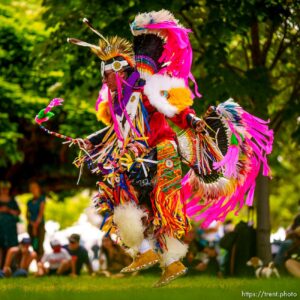 (Trent Nelson  |  The Salt Lake Tribune) Shon Taylor performs a fancy dance during an intertribal pow wow at the Living Traditions festival in Salt Lake City on Saturday, June 26, 2021.