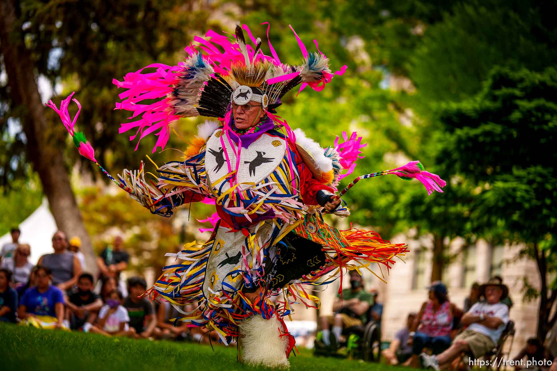(Trent Nelson  |  The Salt Lake Tribune) Shon Taylor performs a fancy dance during an intertribal pow wow at the Living Traditions festival in Salt Lake City on Saturday, June 26, 2021.