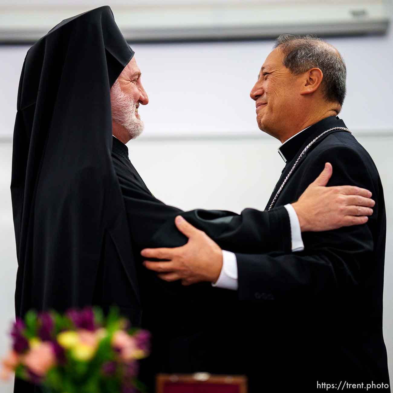 (Trent Nelson  |  The Salt Lake Tribune) His Eminence Archbishop Elpidophoros of America  and Bishop Oscar A. Solis meet at the Catholic Diocese of Salt Lake City on Tuesday, July 20, 2021.