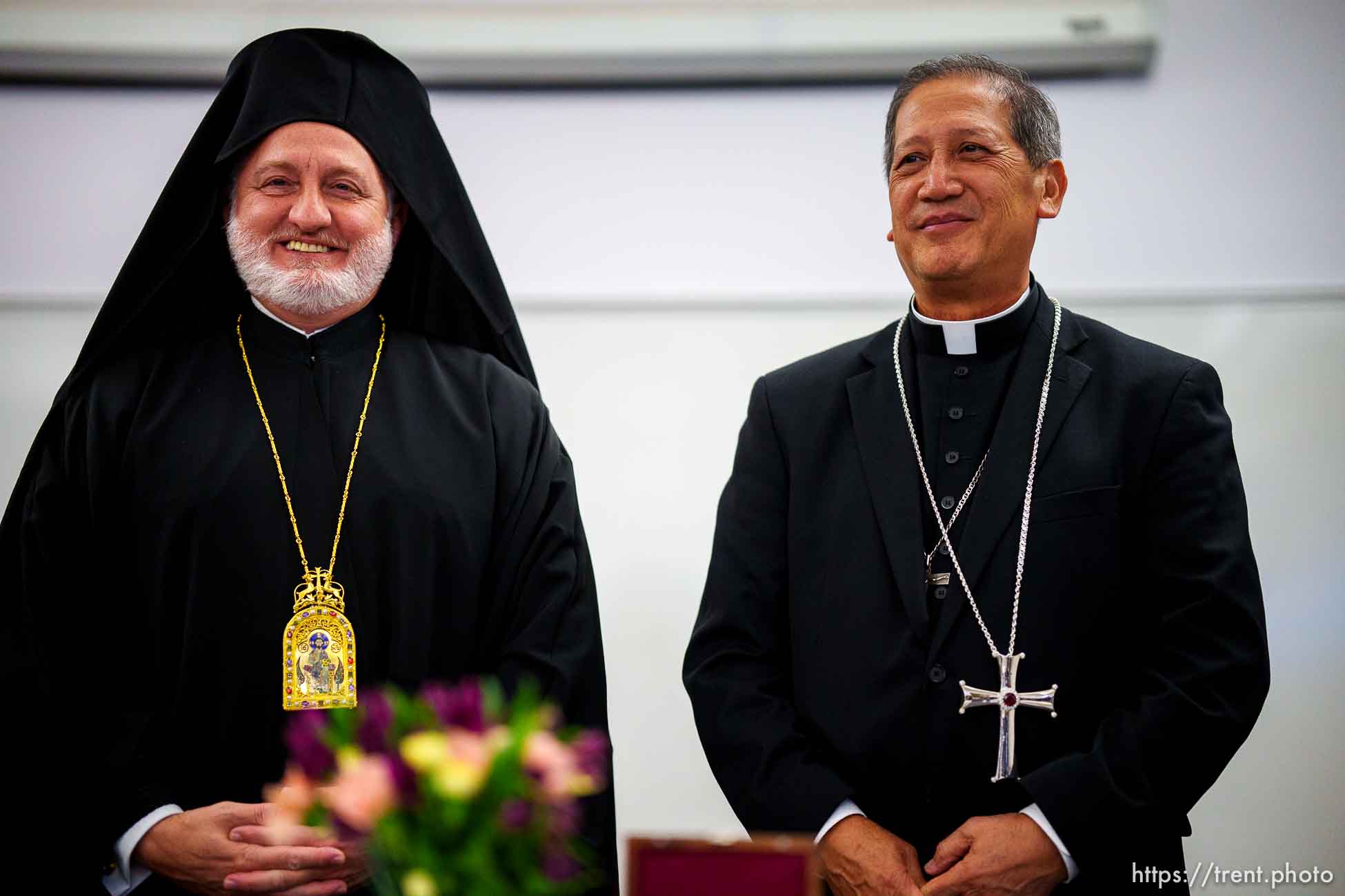 (Trent Nelson  |  The Salt Lake Tribune) His Eminence Archbishop Elpidophoros of America  and Bishop Oscar A. Solis meet at the Catholic Diocese of Salt Lake City on Tuesday, July 20, 2021.