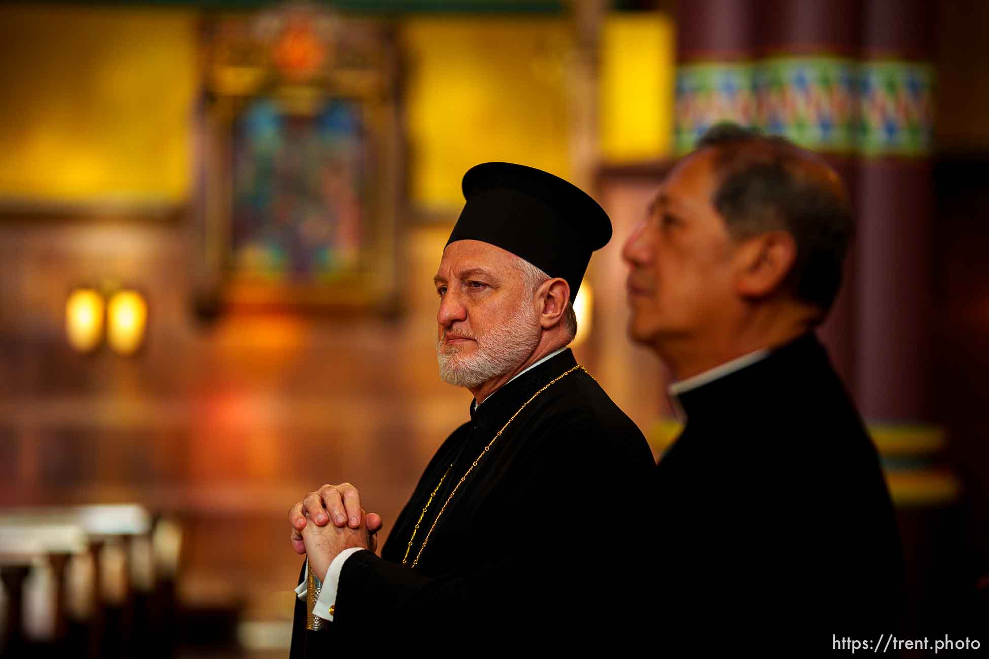 (Trent Nelson  |  The Salt Lake Tribune) His Eminence Archbishop Elpidophoros of America and Bishop Oscar A. Solis during a visit to the Cathedral of the Madeleine in Salt Lake City on Tuesday, July 20, 2021. Deacon Lynn Johnson leads the tour.