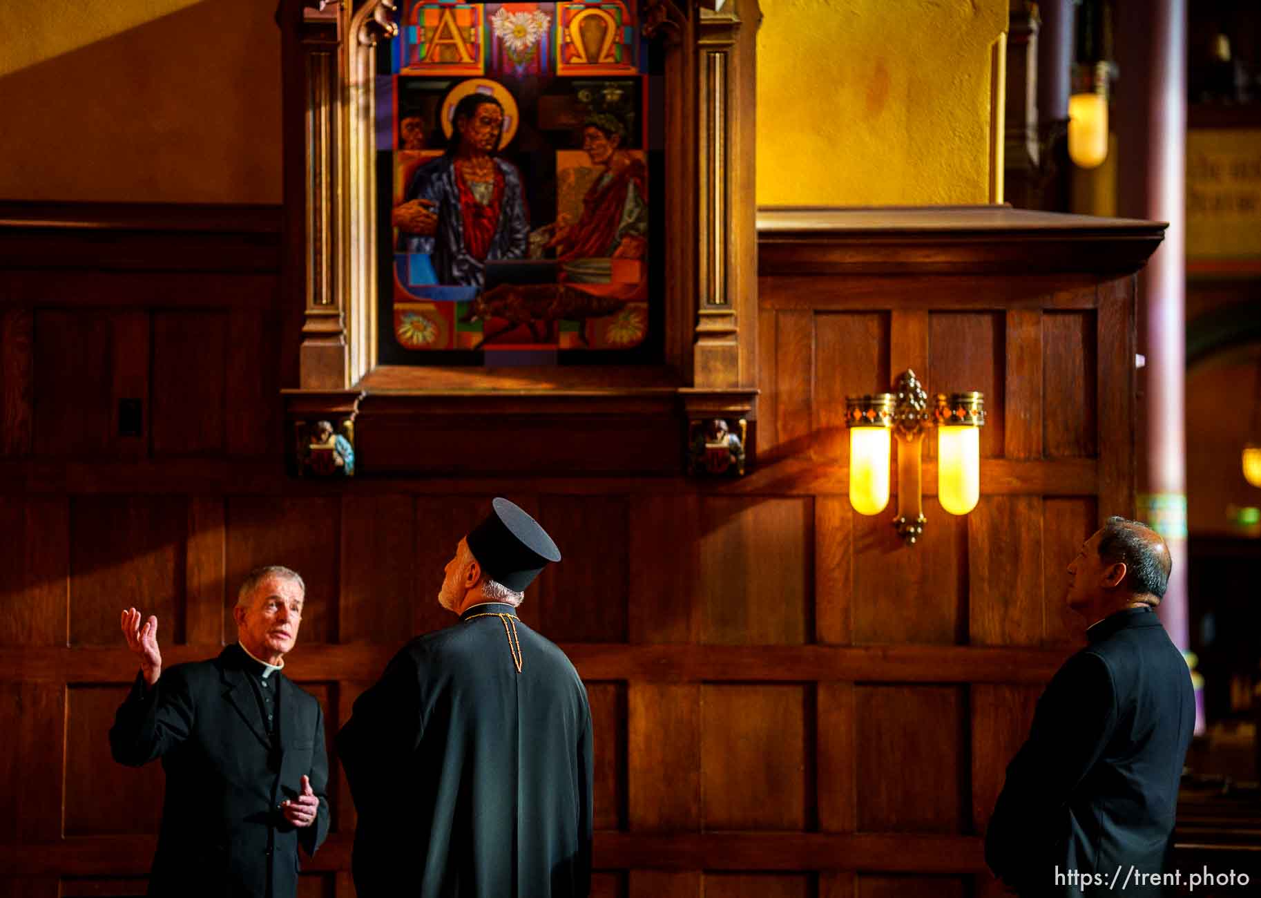 (Trent Nelson  |  The Salt Lake Tribune) His Eminence Archbishop Elpidophoros of America and Bishop Oscar A. Solis during a visit to the Cathedral of the Madeleine in Salt Lake City on Tuesday, July 20, 2021. Deacon Lynn Johnson leads the tour.