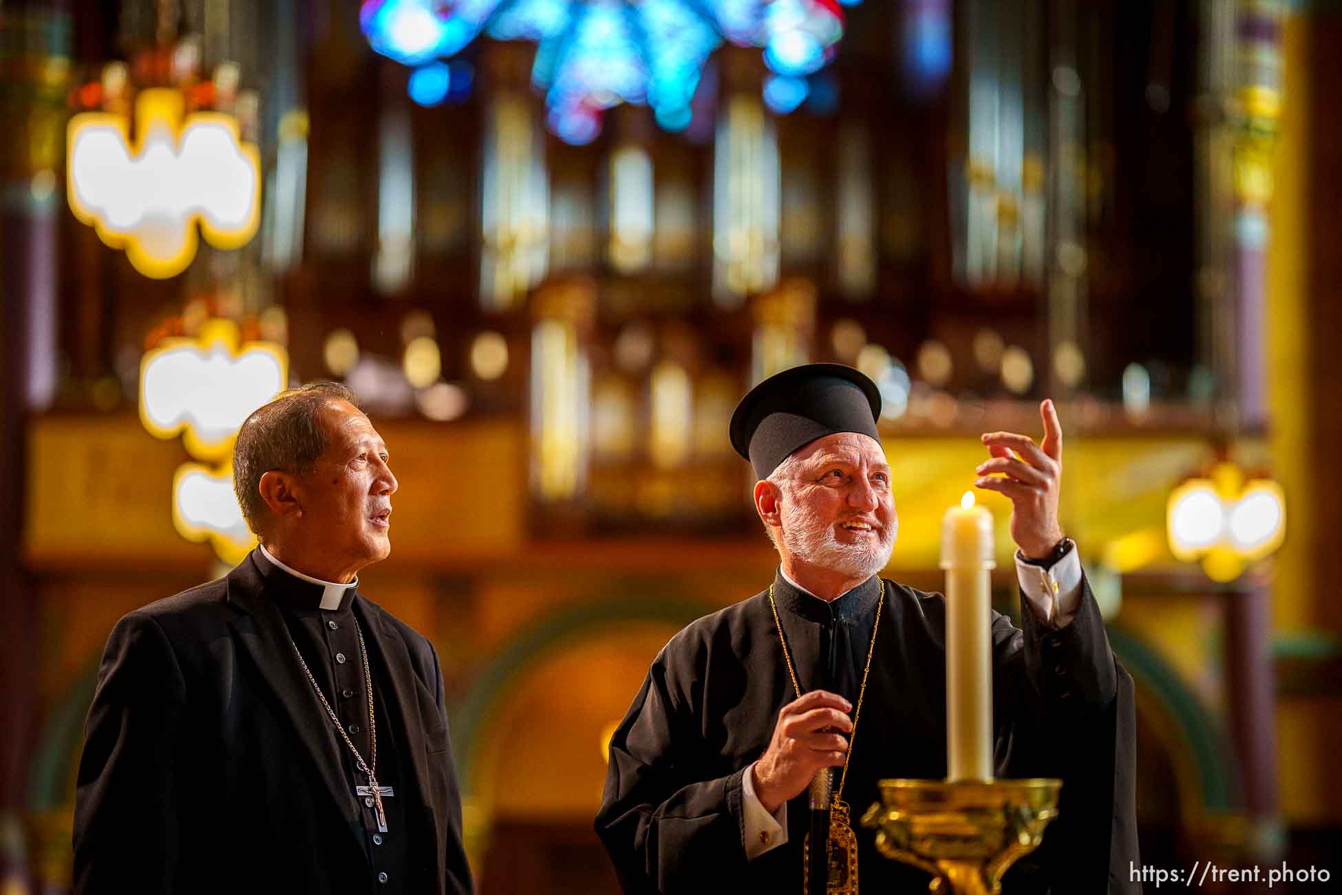 (Trent Nelson  |  The Salt Lake Tribune) Bishop Oscar A. Solis of the Catholic Diocese of Salt Lake City and His Eminence Archbishop Elpidophoros of America tour the Cathedral of the Madeleine in Salt Lake City on Tuesday, July 20, 2021.