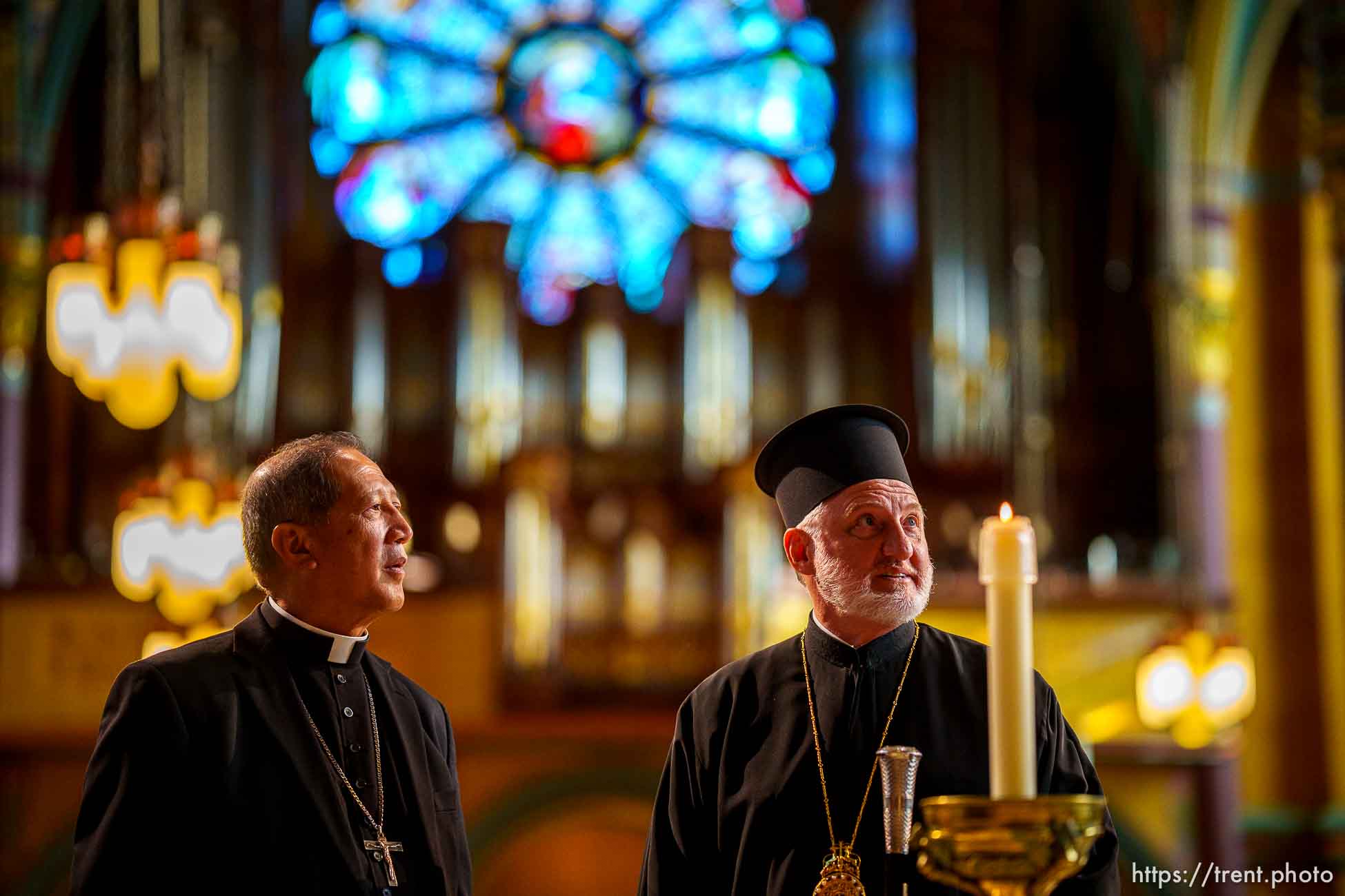 (Trent Nelson  |  The Salt Lake Tribune) Bishop Oscar A. Solis of the Catholic Diocese of Salt Lake City and His Eminence Archbishop Elpidophoros of America tour the Cathedral of the Madeleine in Salt Lake City on Tuesday, July 20, 2021.