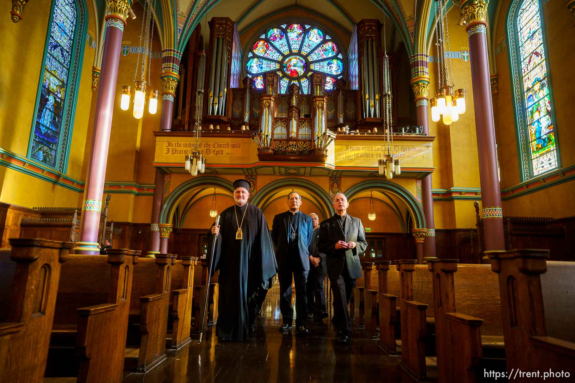 (Trent Nelson  |  The Salt Lake Tribune) His Eminence Archbishop Elpidophoros of America  and Bishop Oscar A. Solis of the Catholic Diocese of Salt Lake City tour the Cathedral of the Madeleine in Salt Lake City on Tuesday, July 20, 2021. Deacon Lynn Johnson, right, leads the tour.