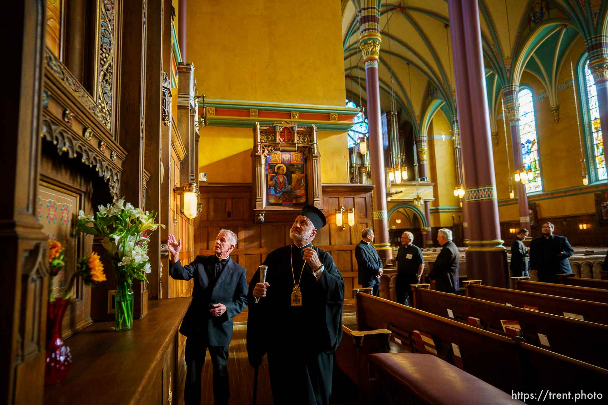 (Trent Nelson  |  The Salt Lake Tribune) His Eminence Archbishop Elpidophoros of America tours the Cathedral of the Madeleine in Salt Lake City on Tuesday, July 20, 2021. Deacon Lynn Johnson, left, leads the tour.