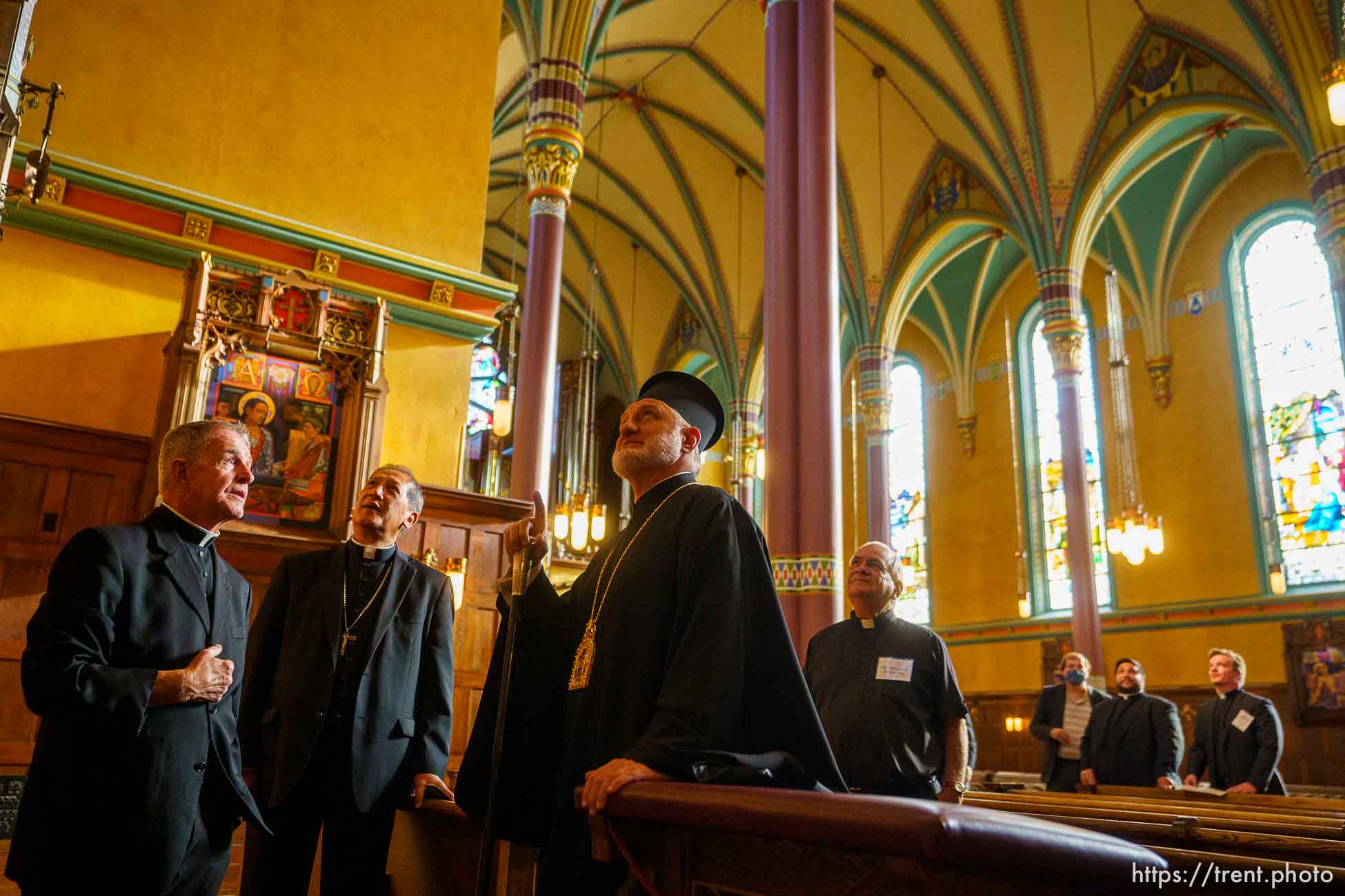 (Trent Nelson  |  The Salt Lake Tribune) Bishop Oscar A. Solis of the Catholic Diocese of Salt Lake City and His Eminence Archbishop Elpidophoros of America tour the Cathedral of the Madeleine in Salt Lake City on Tuesday, July 20, 2021. Deacon Lynn Johnson, left, leads the tour.