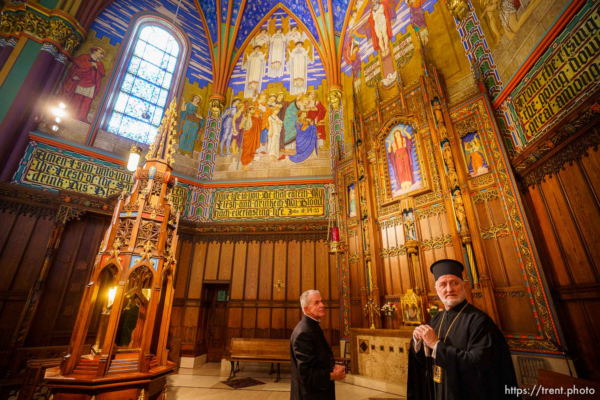 (Trent Nelson  |  The Salt Lake Tribune) His Eminence Archbishop Elpidophoros of America and Bishop Oscar A. Solis during a visit to the Cathedral of the Madeleine in Salt Lake City on Tuesday, July 20, 2021. Deacon Lynn Johnson leads the tour.