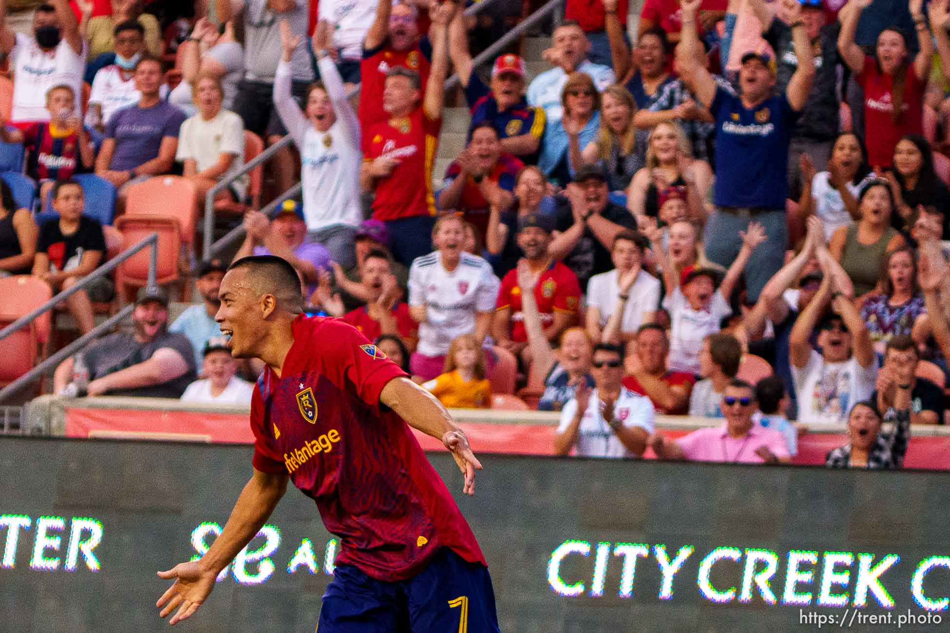 (Trent Nelson  |  The Salt Lake Tribune) Real Salt Lake forward Bobby Wood (7) celebrates a first half goal as Real Salt Lake hosts the Colorado Rapids, MLS Soccer at Rio Tinto Stadium in Sandy on Saturday, July 24, 2021.