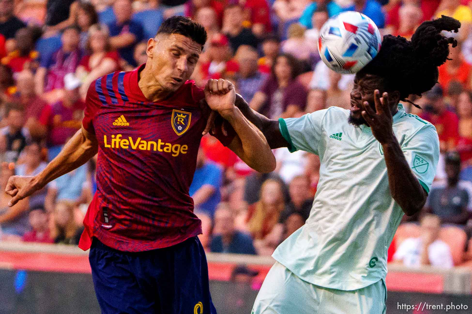 (Trent Nelson  |  The Salt Lake Tribune) Real Salt Lake midfielder Damir Kreilach (8) and Colorado Rapids defender Lalas Abubakar (6) as Real Salt Lake hosts the Colorado Rapids, MLS Soccer at Rio Tinto Stadium in Sandy on Saturday, July 24, 2021.