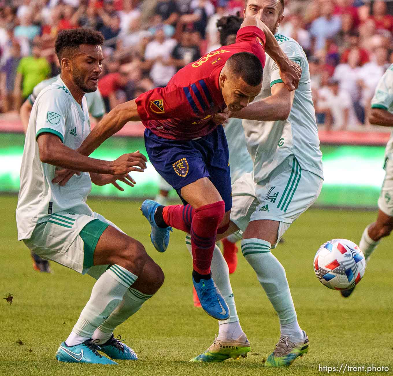 (Trent Nelson  |  The Salt Lake Tribune) Real Salt Lake forward Bobby Wood (7) splits a pair of defenders as Real Salt Lake hosts the Colorado Rapids, MLS Soccer at Rio Tinto Stadium in Sandy on Saturday, July 24, 2021.