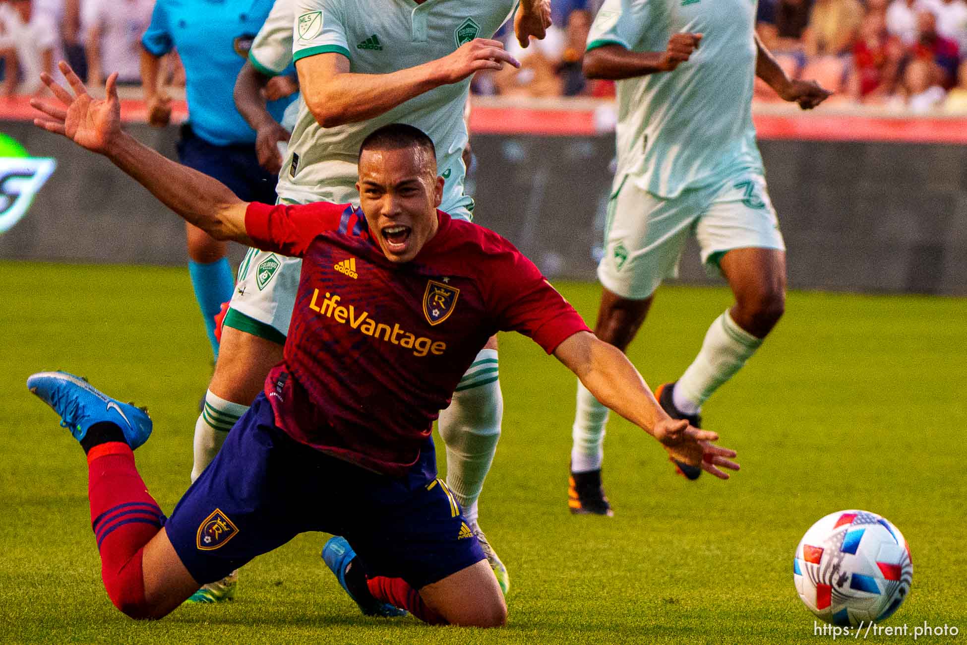 (Trent Nelson  |  The Salt Lake Tribune) Real Salt Lake forward Bobby Wood (7) falls, defended by Colorado Rapids defender Danny Wilson (4) as Real Salt Lake hosts the Colorado Rapids, MLS Soccer at Rio Tinto Stadium in Sandy on Saturday, July 24, 2021.