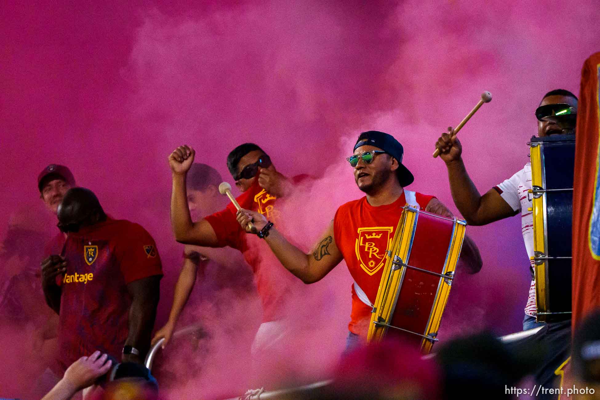 (Trent Nelson  |  The Salt Lake Tribune) RSL fans in a cloud of smoke as Real Salt Lake hosts the Colorado Rapids, MLS Soccer at Rio Tinto Stadium in Sandy on Saturday, July 24, 2021.