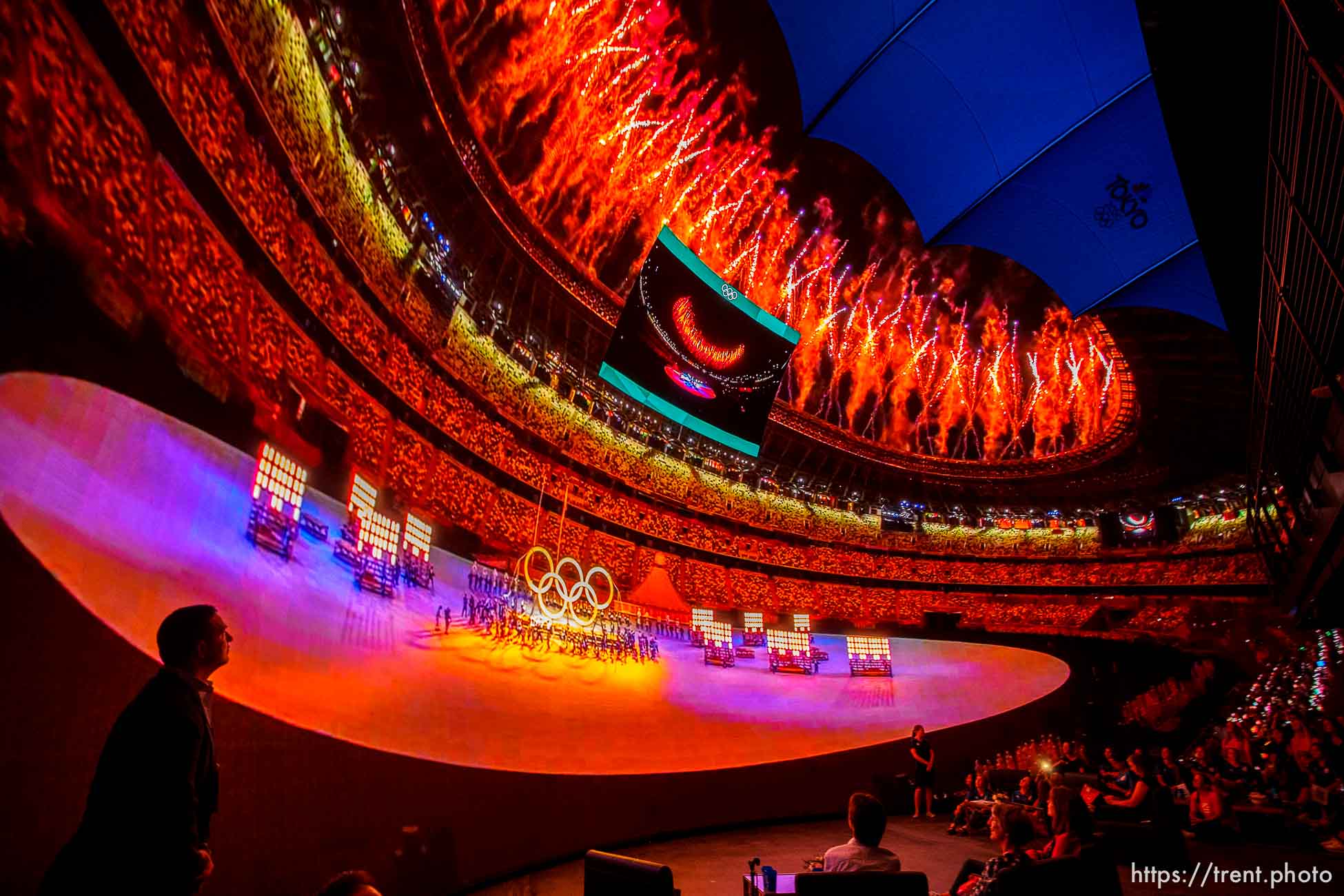 (Trent Nelson  |  The Salt Lake Tribune) A crowd immersed in scenes from the Olympics displayed on a 180 degree 8K LED dome at the Cosm Experience Center in Salt Lake City on Friday, July 30, 2021. At left is Cosm CEO Jeb Terry.