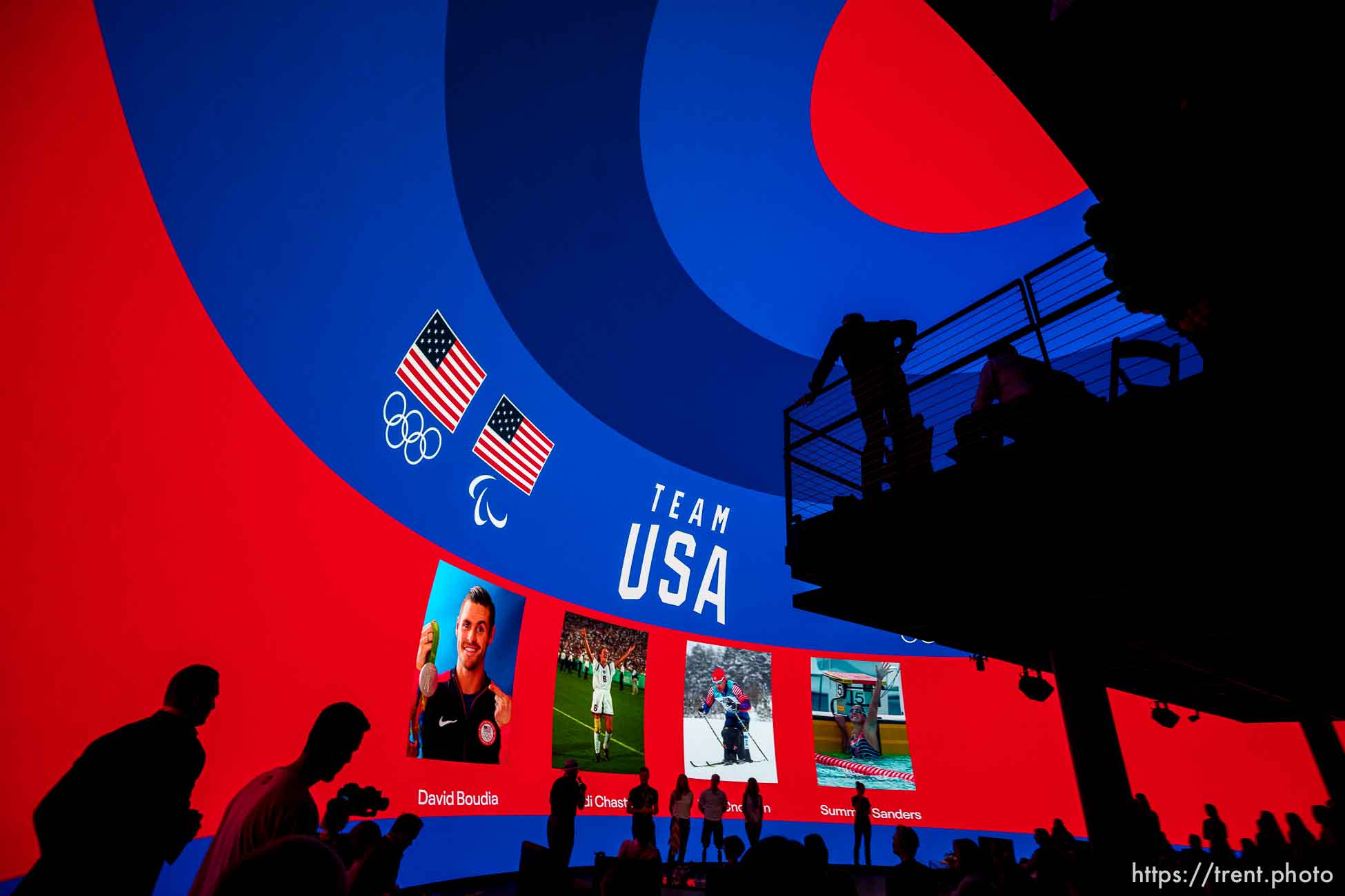 (Trent Nelson  |  The Salt Lake Tribune) Olympians speak in front of a 180 degree 8K LED dome at the Cosm Experience Center in Salt Lake City on Friday, July 30, 2021.