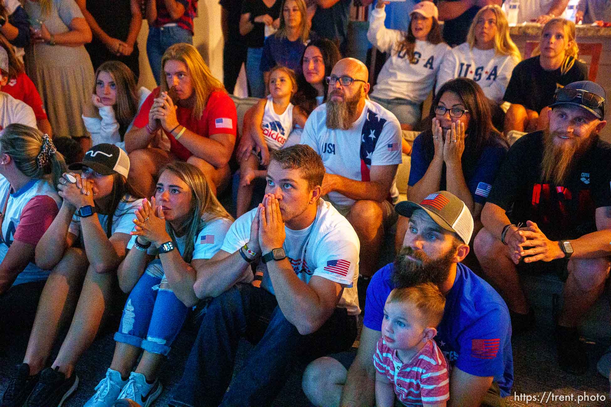 (Trent Nelson  |  The Salt Lake Tribune) Family and friends cheer as USA swimming Rhyan White places fourth in the 200-meter backstroke at the 2020 Summer Olympics on Friday, July 30, 2021.