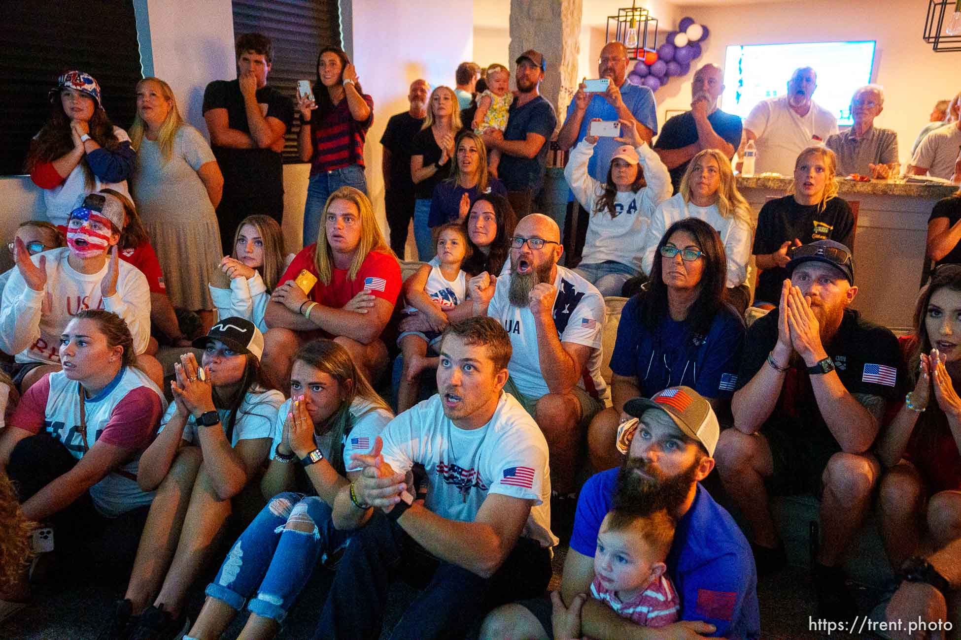 (Trent Nelson  |  The Salt Lake Tribune) Family and friends cheer as USA swimming Rhyan White places fourth in the 200-meter backstroke at the 2020 Summer Olympics on Friday, July 30, 2021.