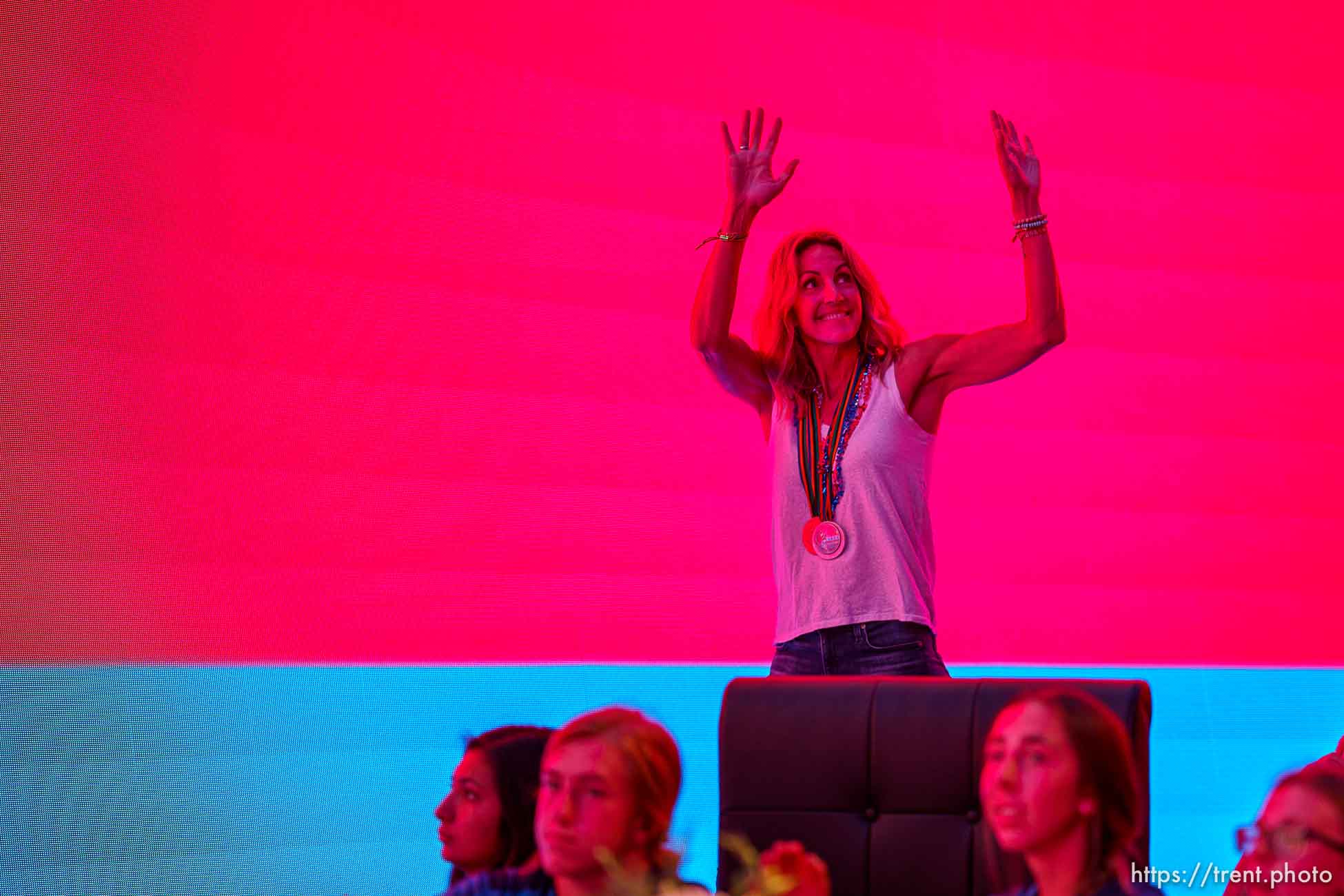 (Trent Nelson  |  The Salt Lake Tribune) Olympian Summer Sanders speaks in front of a 180 degree 8K LED dome at the Cosm Experience Center in Salt Lake City on Friday, July 30, 2021.