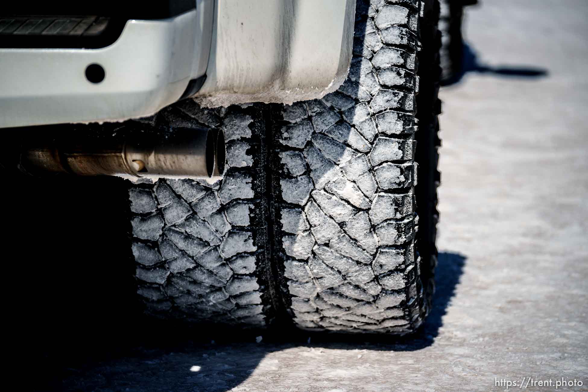 (Trent Nelson  |  The Salt Lake Tribune) Salt on a truck's tires at the Bonneville Salt Flats on Saturday, July 31, 2021.