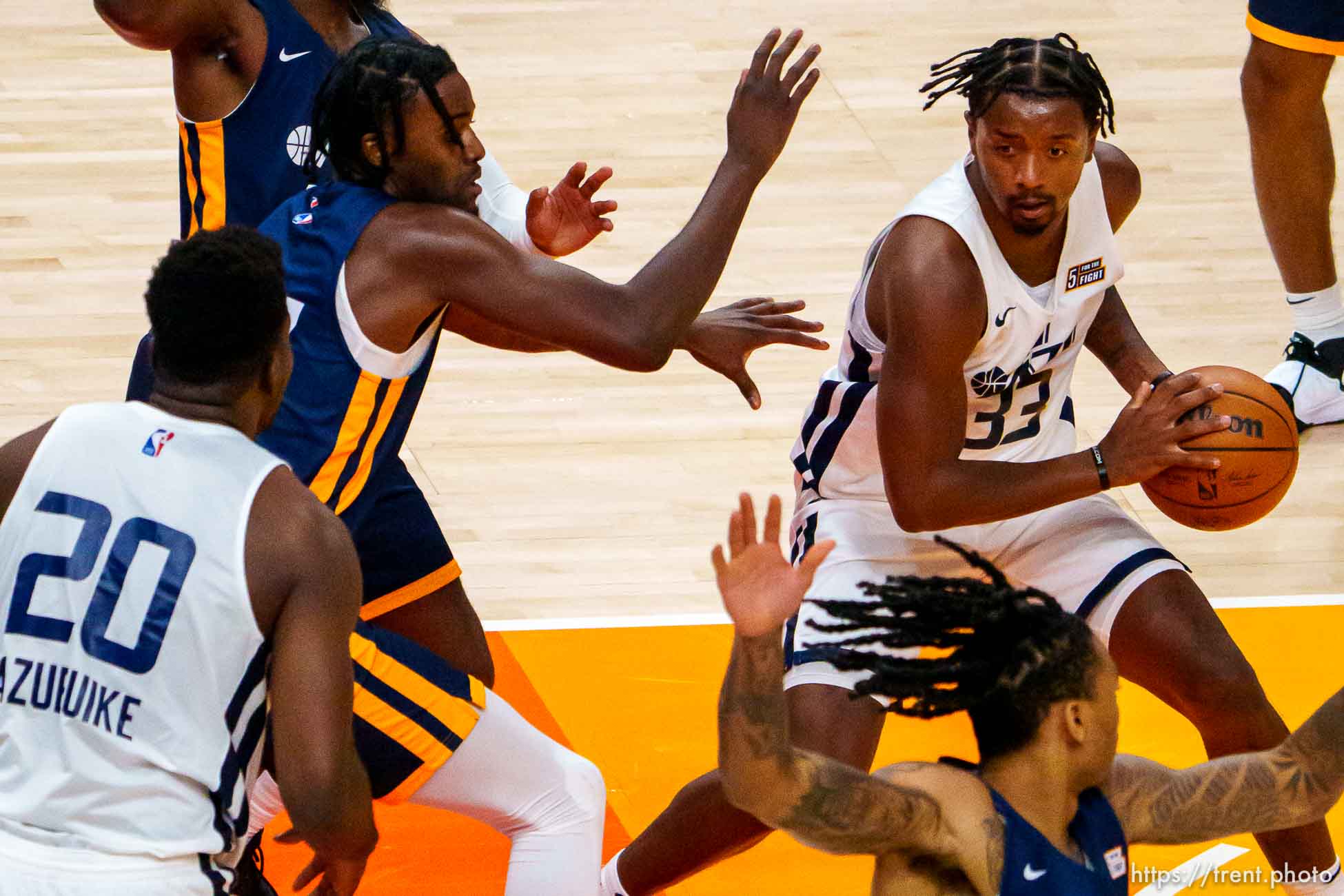 (Trent Nelson  |  The Salt Lake Tribune) Utah Jazz White guard/forward Elijah Hughes (33) as Utah Jazz Blue faces Utah Jazz White in the Salt Lake City Summer League in Salt Lake City on Friday, Aug. 6, 2021.