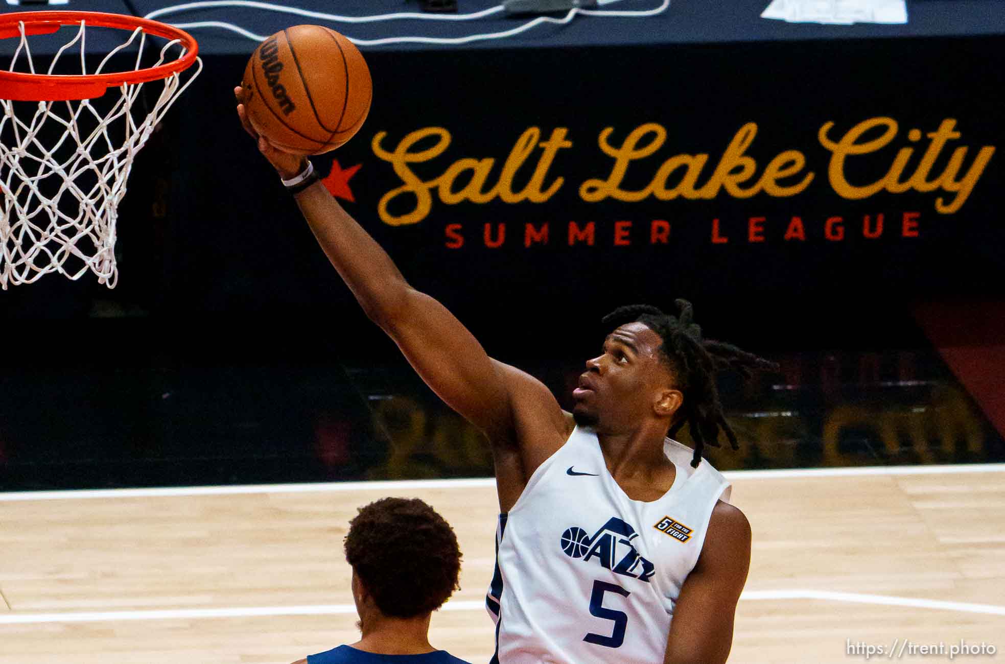 (Trent Nelson  |  The Salt Lake Tribune) Utah Jazz White forward Jarrell Brantley (5) shoots as Utah Jazz Blue faces Utah Jazz White in the Salt Lake City Summer League in Salt Lake City on Friday, Aug. 6, 2021.