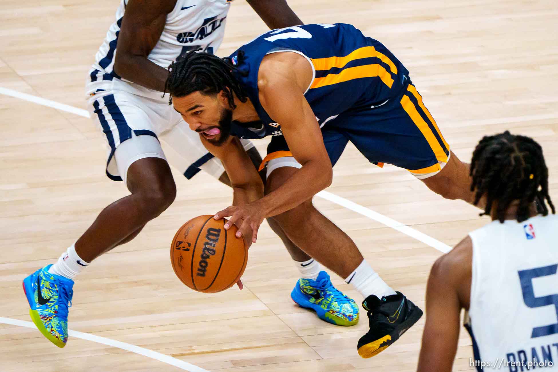 (Trent Nelson  |  The Salt Lake Tribune) Utah Jazz Blue guard Isaiah Wright (46) defended by Utah Jazz White guard Juwan Evans (54) as Utah Jazz Blue faces Utah Jazz White in the Salt Lake City Summer League in Salt Lake City on Friday, Aug. 6, 2021.