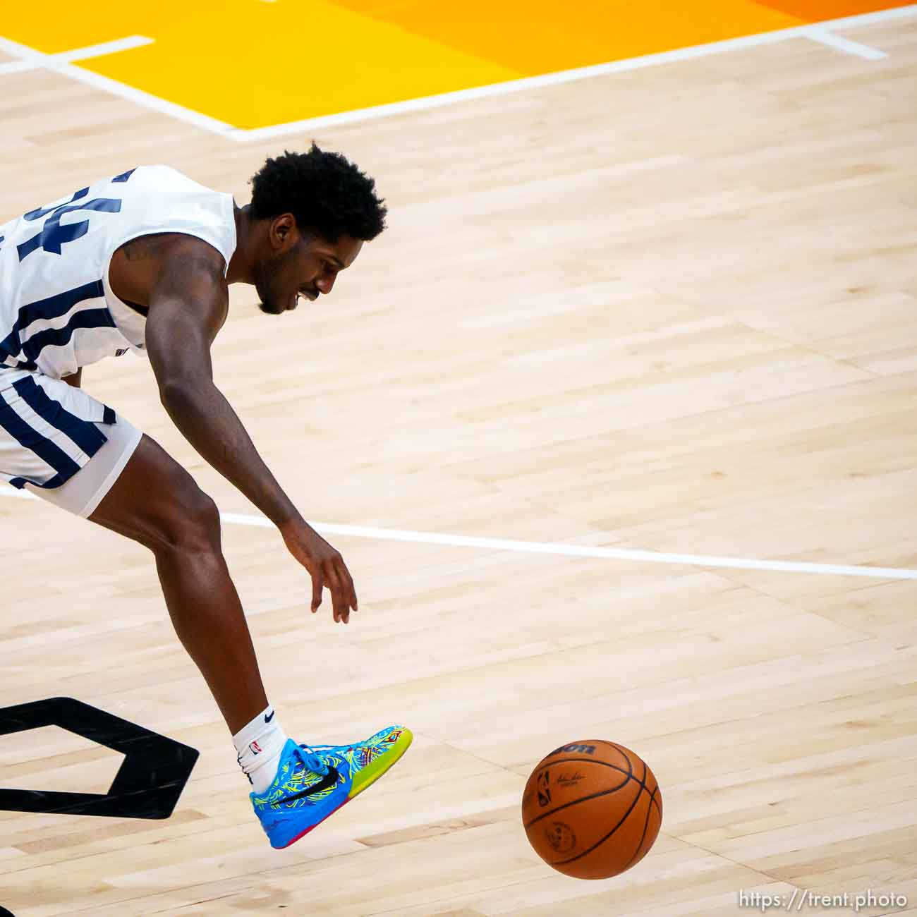 (Trent Nelson  |  The Salt Lake Tribune) Utah Jazz White guard Juwan Evans (54) as Utah Jazz Blue faces Utah Jazz White in the Salt Lake City Summer League in Salt Lake City on Friday, Aug. 6, 2021.