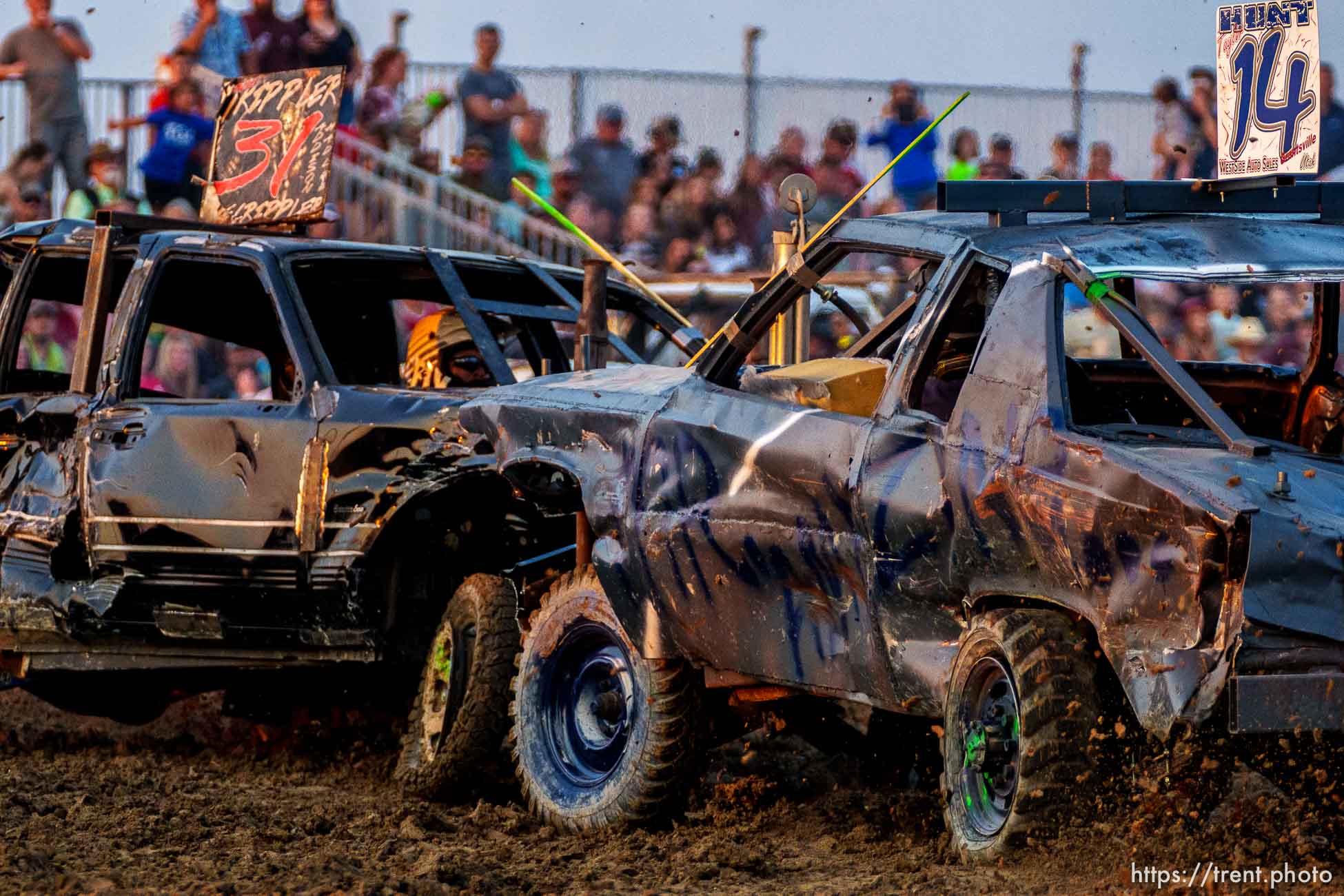 (Trent Nelson  |  The Salt Lake Tribune) Anthony Trippler and Taylor Hunt collide during Punishment at the Peak, a demolition derby in Grantsville on Saturday, Aug. 7, 2021.