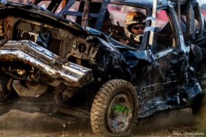 (Trent Nelson  |  The Salt Lake Tribune) Anthony Trippler during Punishment at the Peak, a demolition derby in Grantsville on Saturday, Aug. 7, 2021.